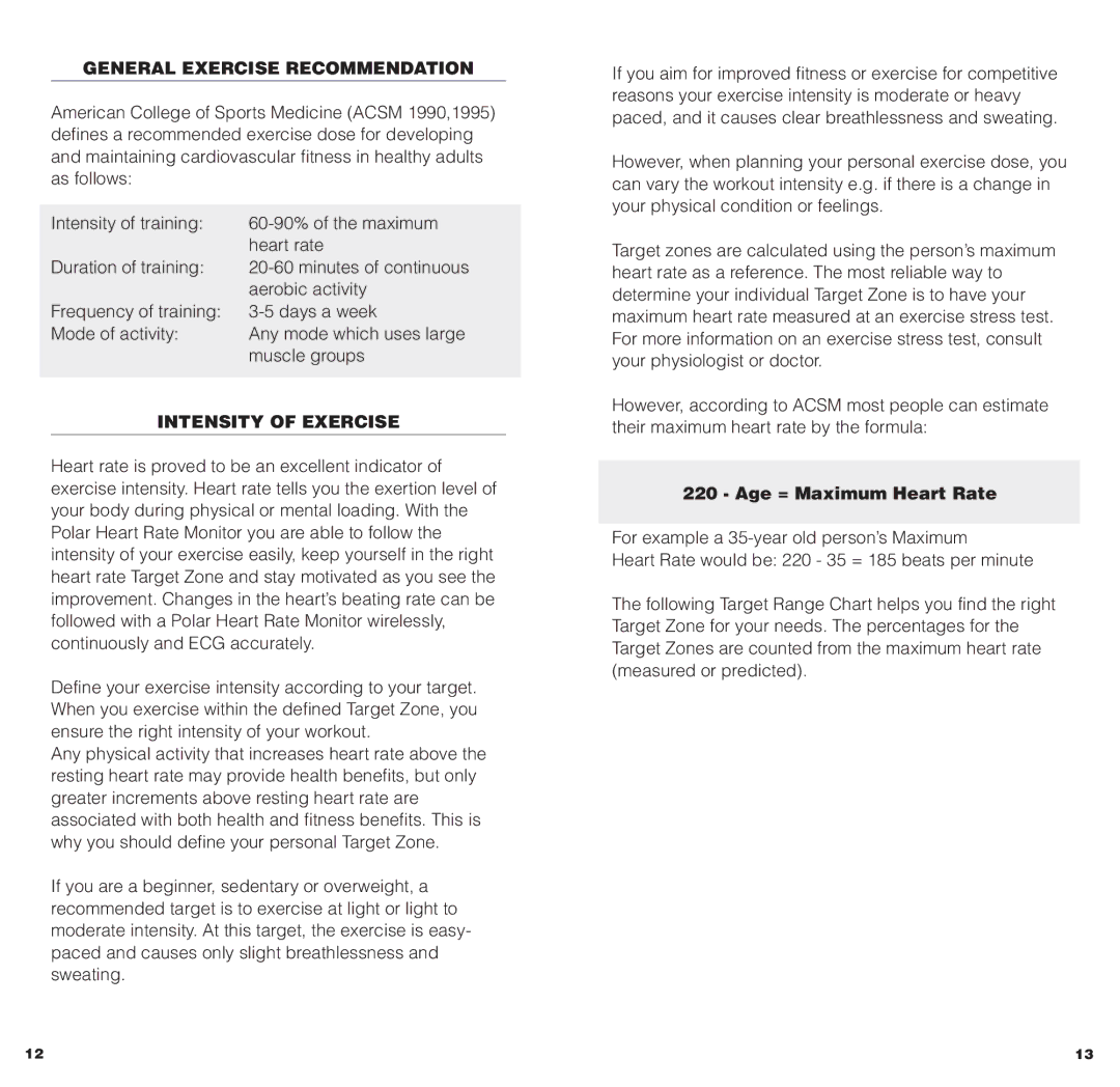 Polar HEARTWATCH user manual General Exercise Recommendation, Intensity of Exercise 