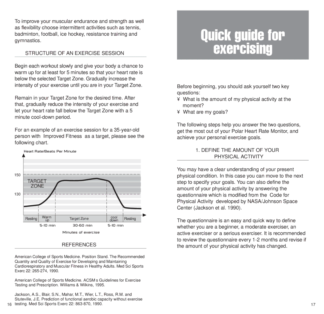 Polar HEARTWATCH user manual Quick guide for Exercising, Structure of AN Exercise Session, Target Zone, References 