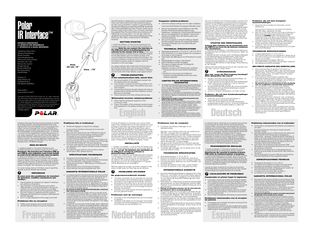 Polar IR INTERFACE operating instructions Getting Started, Troubleshooting, Technical Specifications, Störungssuche 