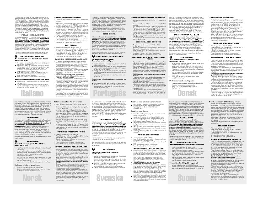Polar IR INTERFACE Operazioni Preliminari, Soluzione DEI Problemi, Dati Tecnici, Garanzia Internazionale Polar, Tilkobling 