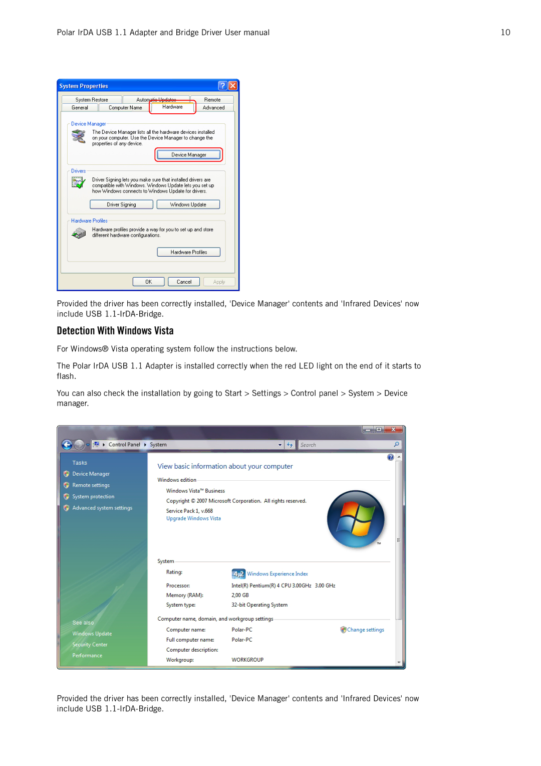 Polar IrDA USB 1.1 user manual Detection With Windows Vista 