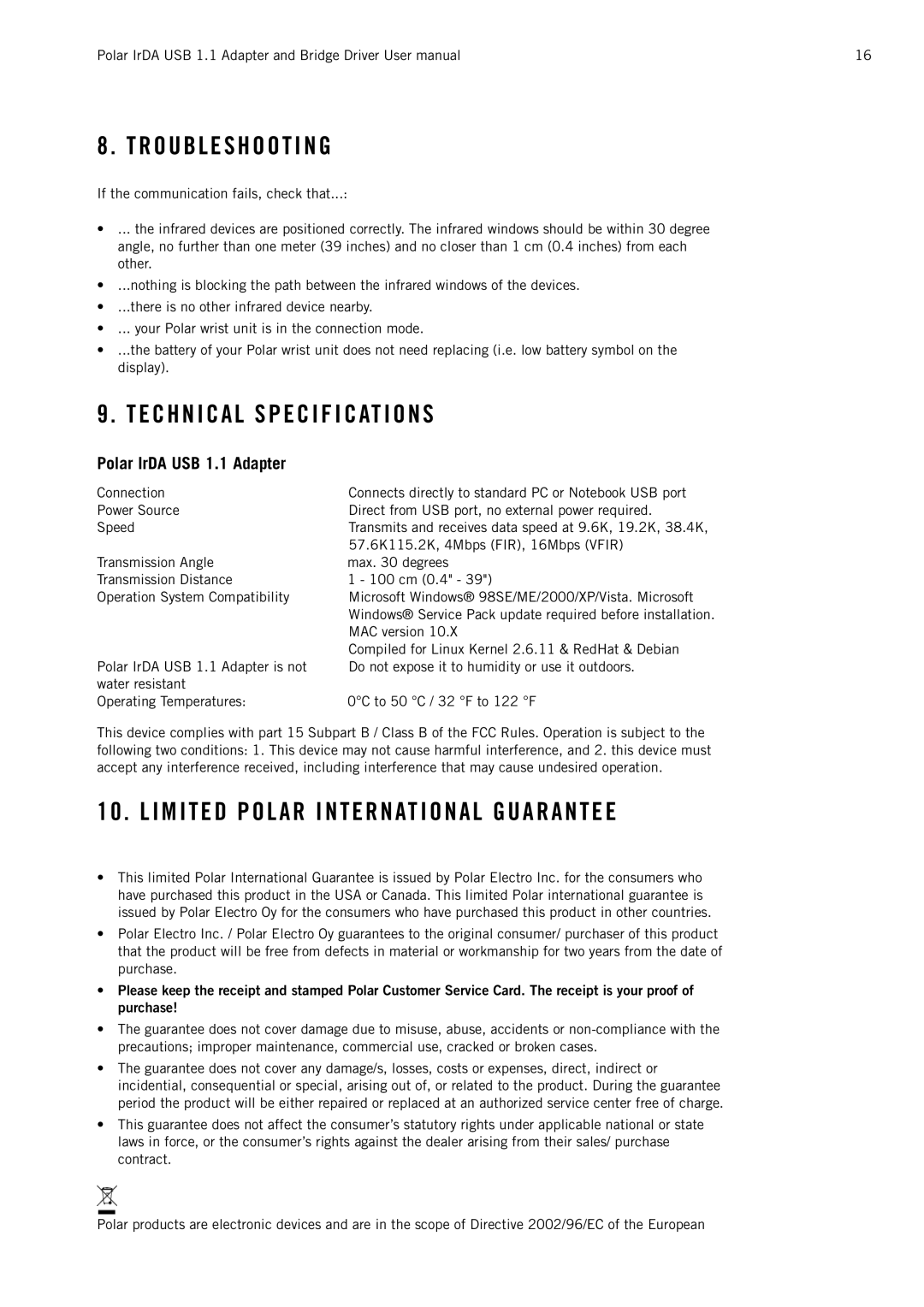 Polar IrDA USB 1.1 user manual Troubleshooting, E C H N I C a L S P E C I F I C AT I O N S 