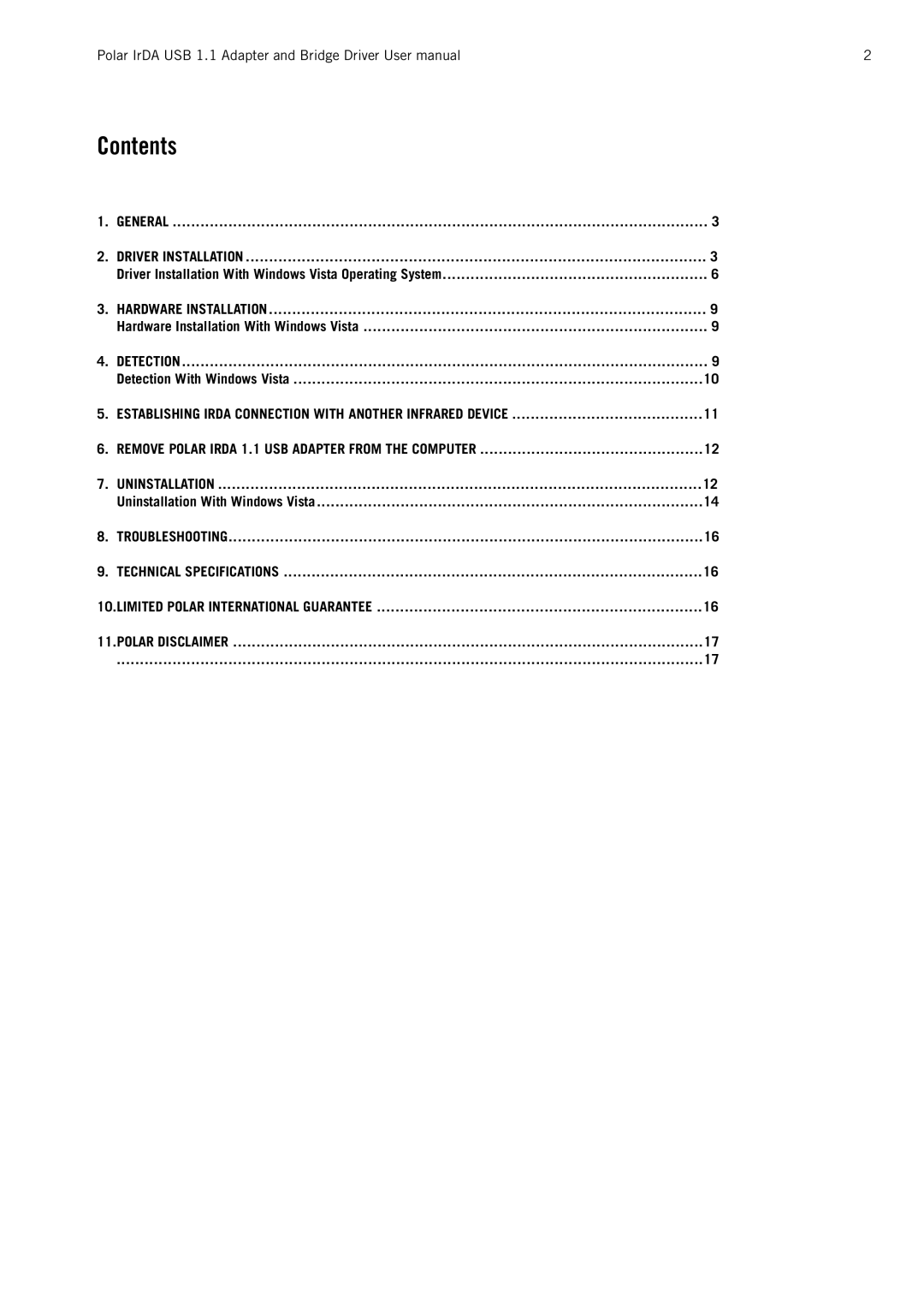 Polar IrDA USB 1.1 user manual Contents 