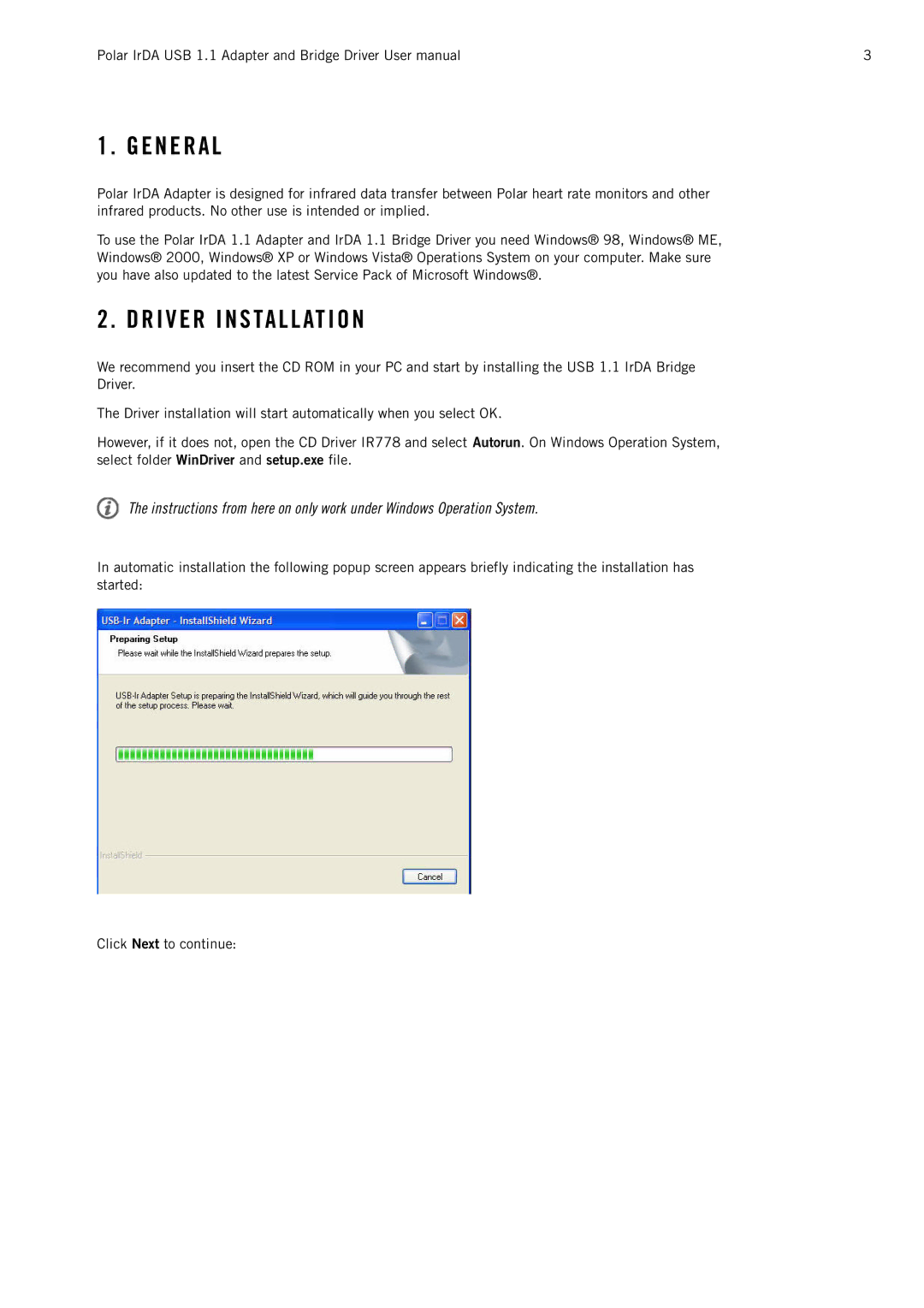 Polar IrDA USB 1.1 user manual E N E R a L, R I V E R I N S Ta L L At I O N 