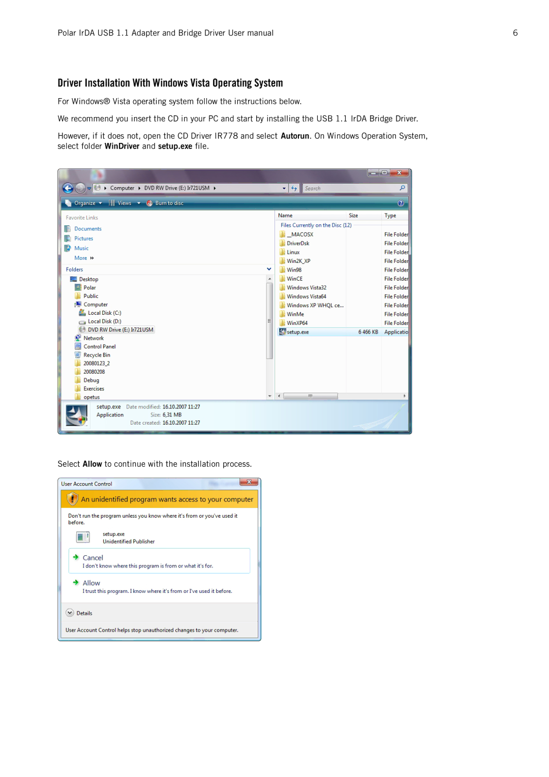 Polar IrDA USB 1.1 user manual Driver Installation With Windows Vista Operating System 