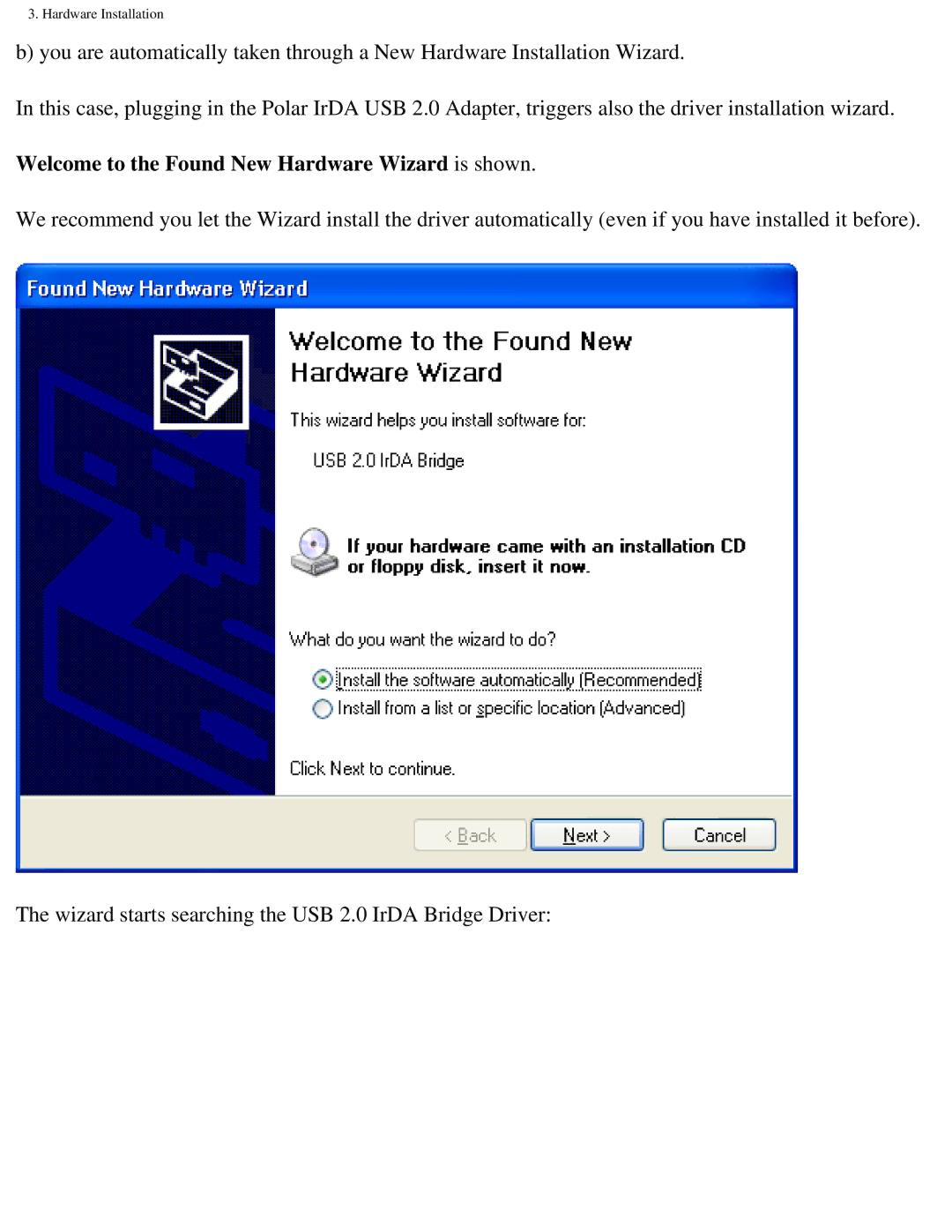 Polar IRDA USB 2.0 user manual Welcome to the Found New Hardware Wizard is shown 