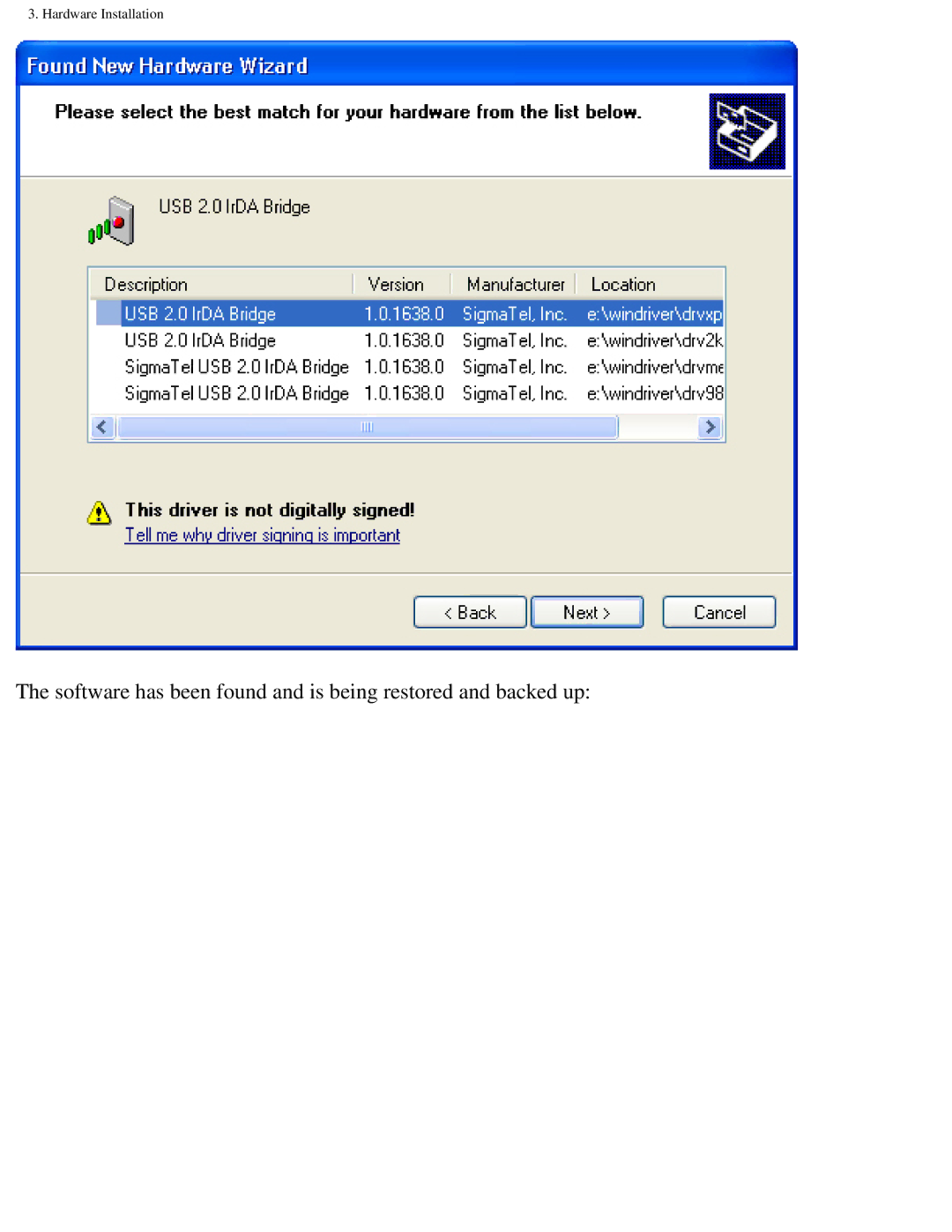 Polar IRDA USB 2.0 user manual Software has been found and is being restored and backed up 