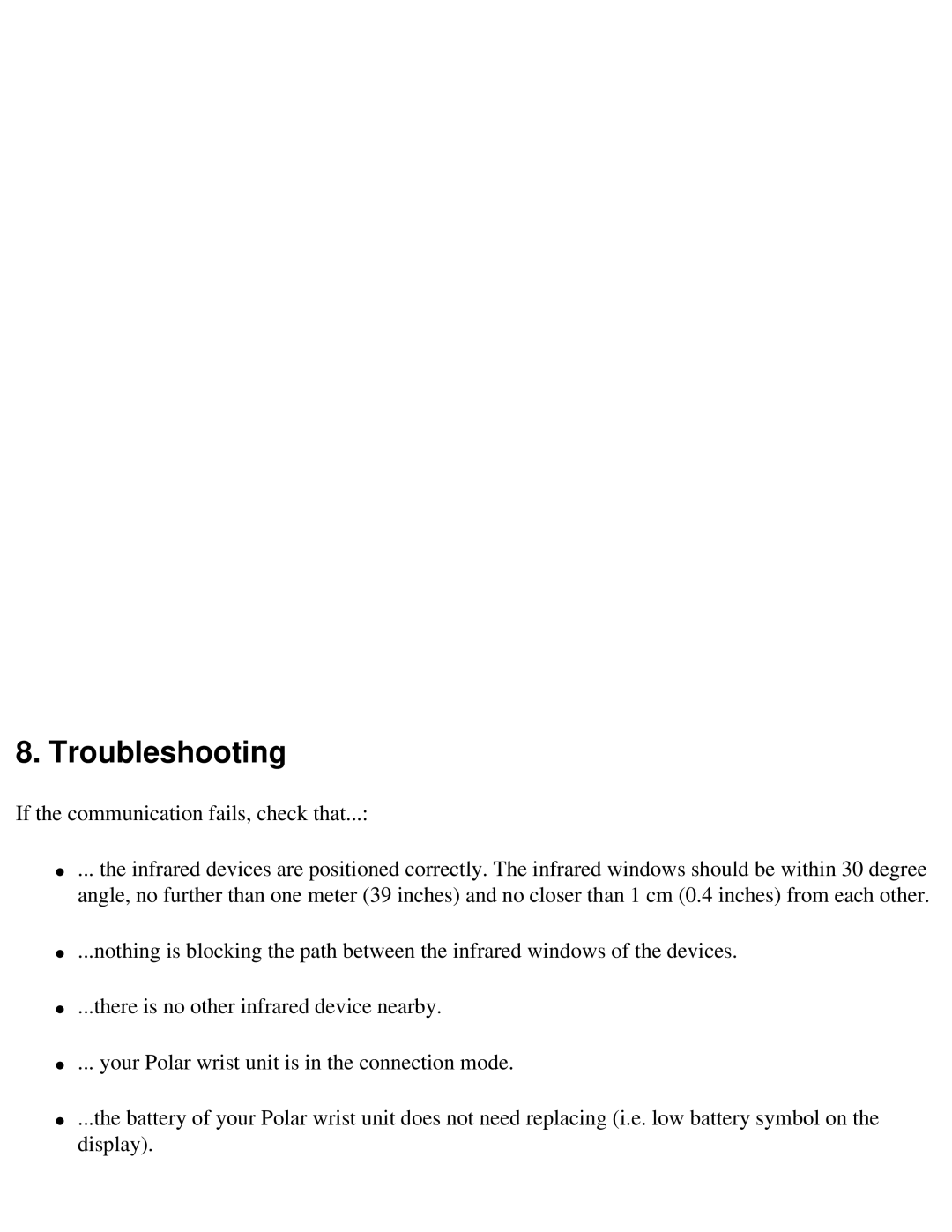 Polar IRDA USB 2.0 user manual Troubleshooting 