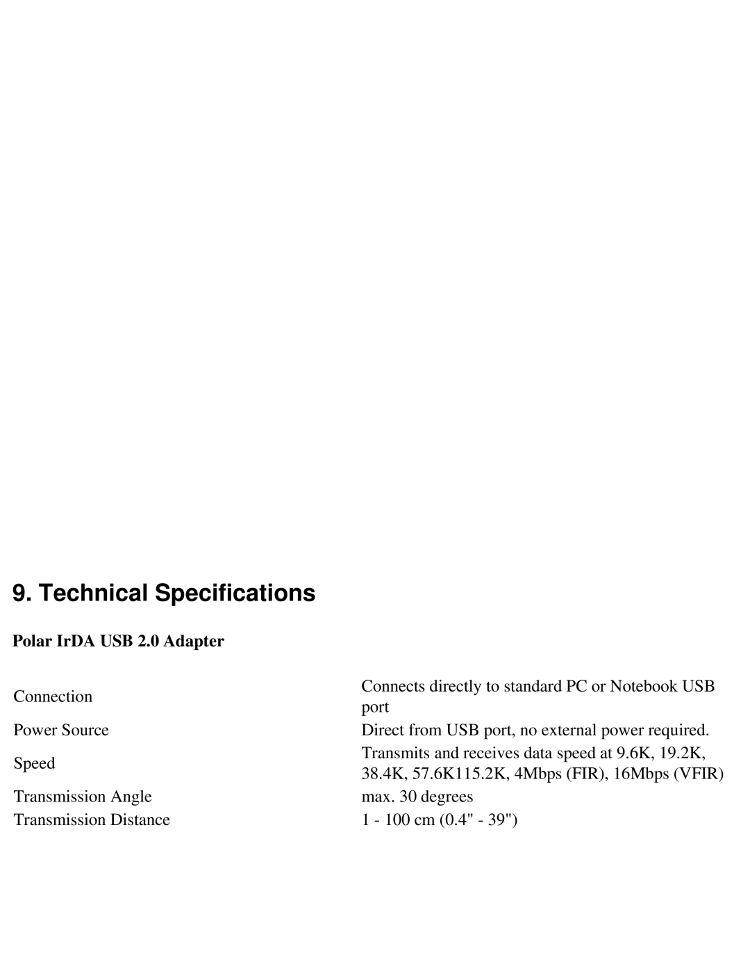 Polar IRDA USB 2.0 user manual Technical Specifications, Polar IrDA USB 2.0 Adapter 