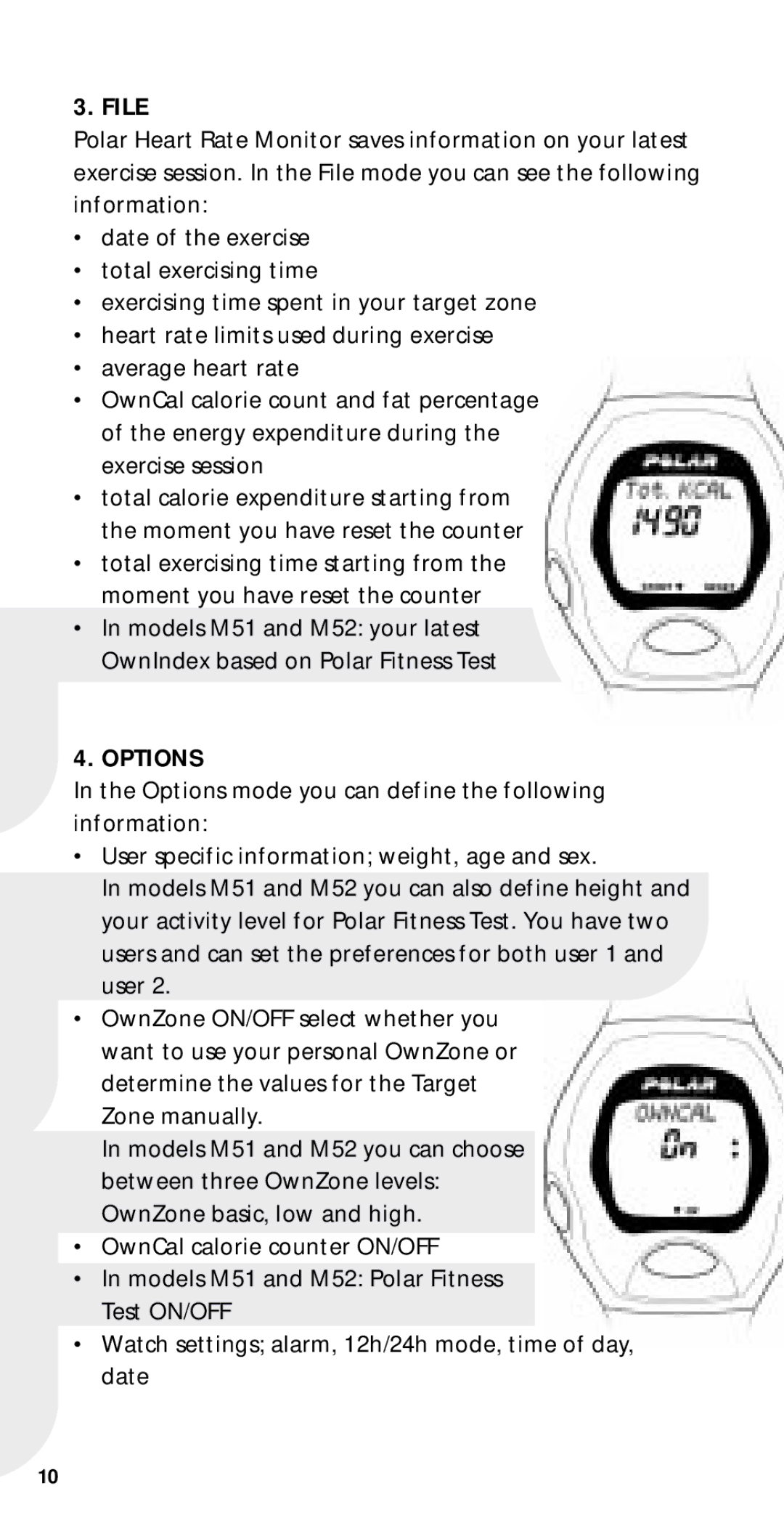 Polar M51, M21, M22, M52 user manual File, Options 