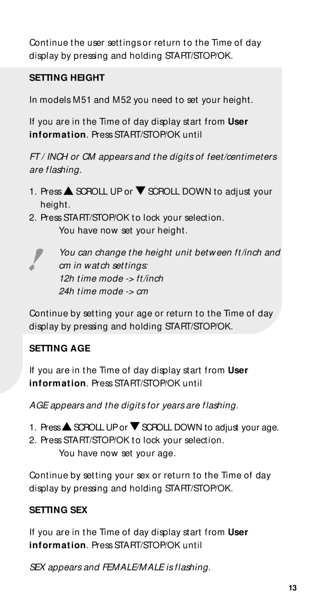 Polar M22, M21, M51, M52 Setting Height, Setting AGE, AGE appears and the digits for years are flashing, Setting SEX 