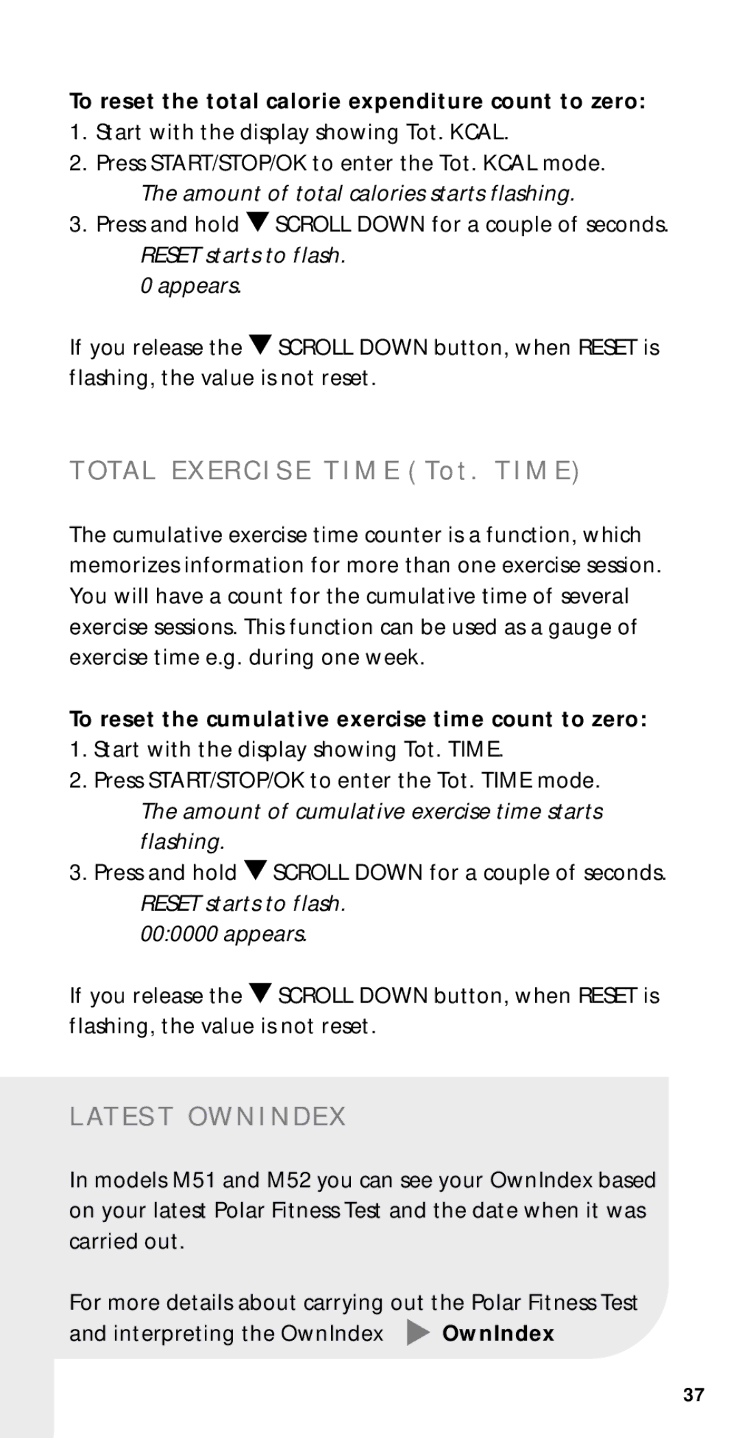 Polar M22, M21, M51 At E S T O W N I N D E, To reset the total calorie expenditure count to zero, Interpreting the OwnIndex 