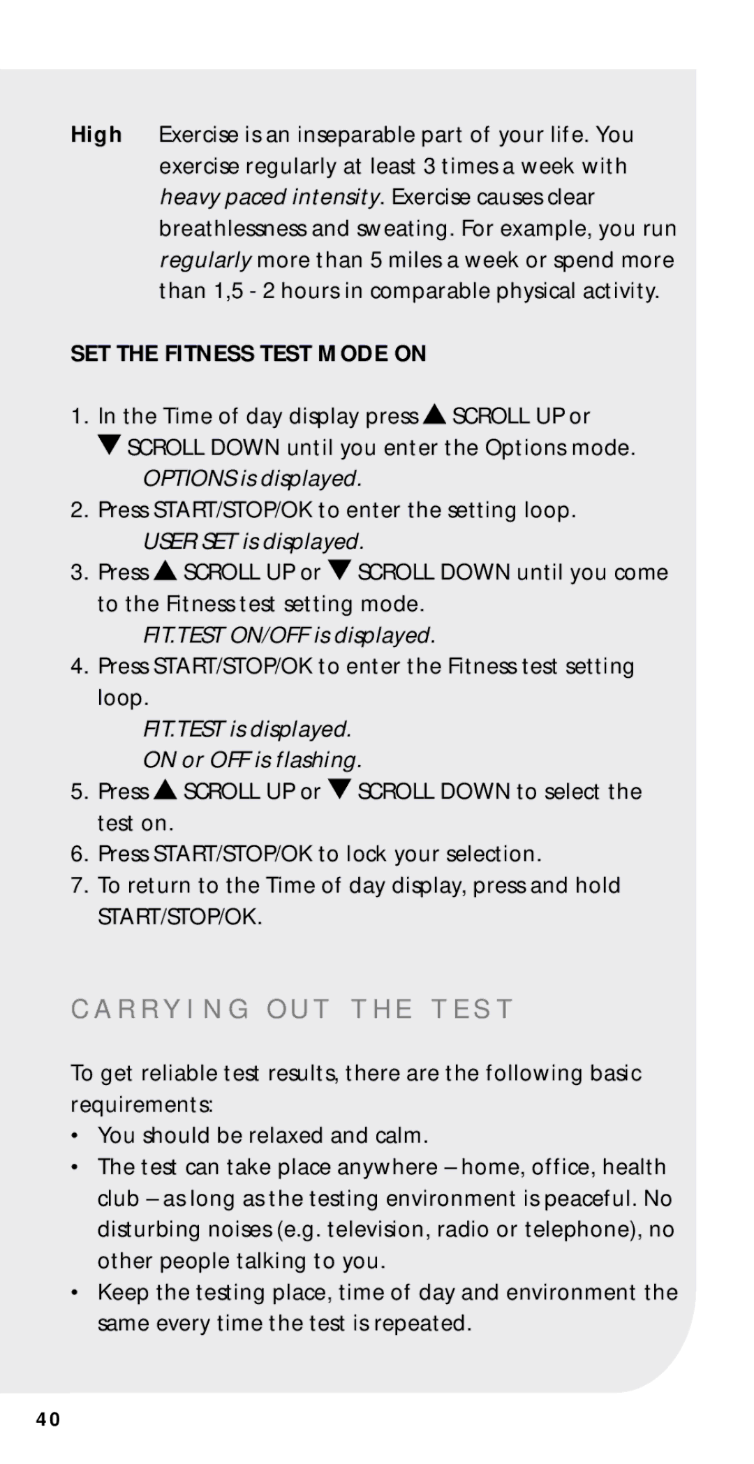 Polar M21, M22, M51, M52 user manual R R Y I N G O U T T H E T E S T, SET the Fitness Test Mode on, Options is displayed 