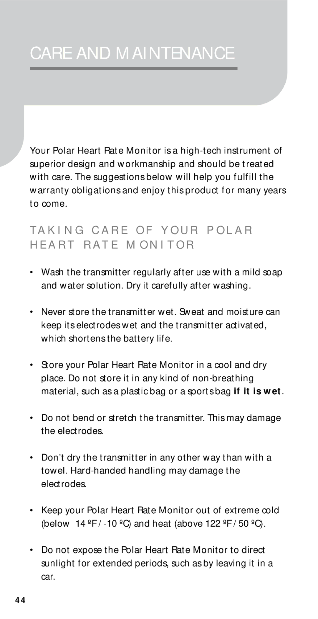 Polar M21, M22, M51, M52 user manual Care and Maintenance 