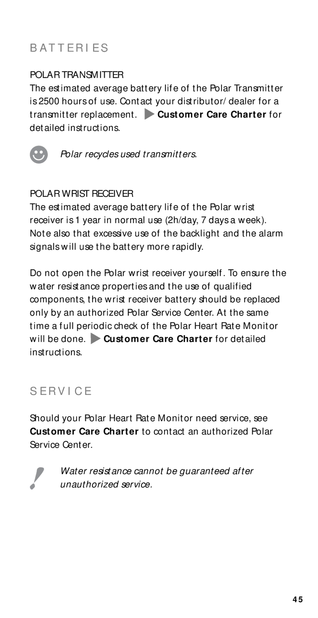 Polar M22, M21, M51, M52 user manual T T E R I E S, R V I C E, Polar recycles used transmitters 