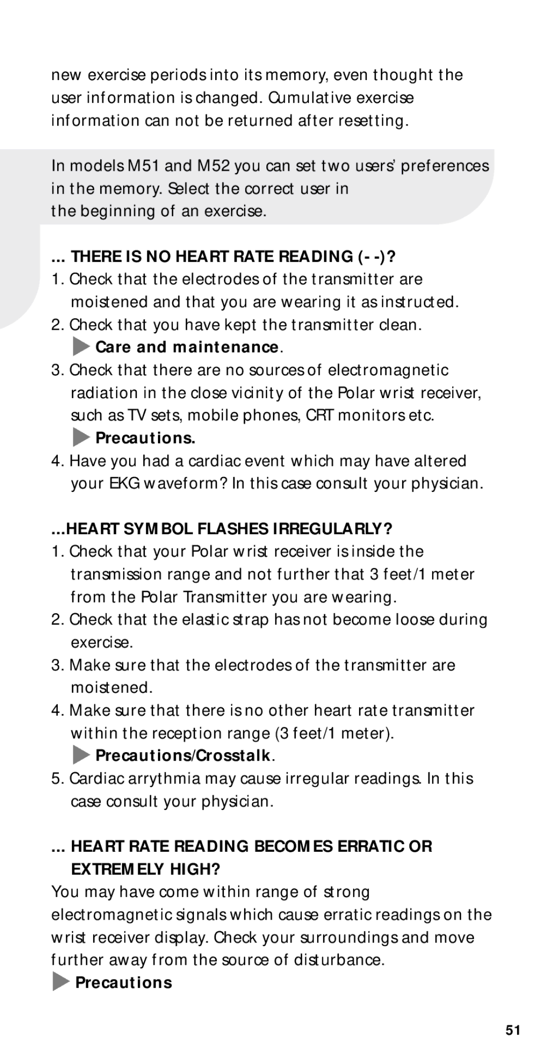 Polar M52, M21, M22, M51 user manual There is no Heart Rate Reading -?, Heart Symbol Flashes IRREGULARLY? 