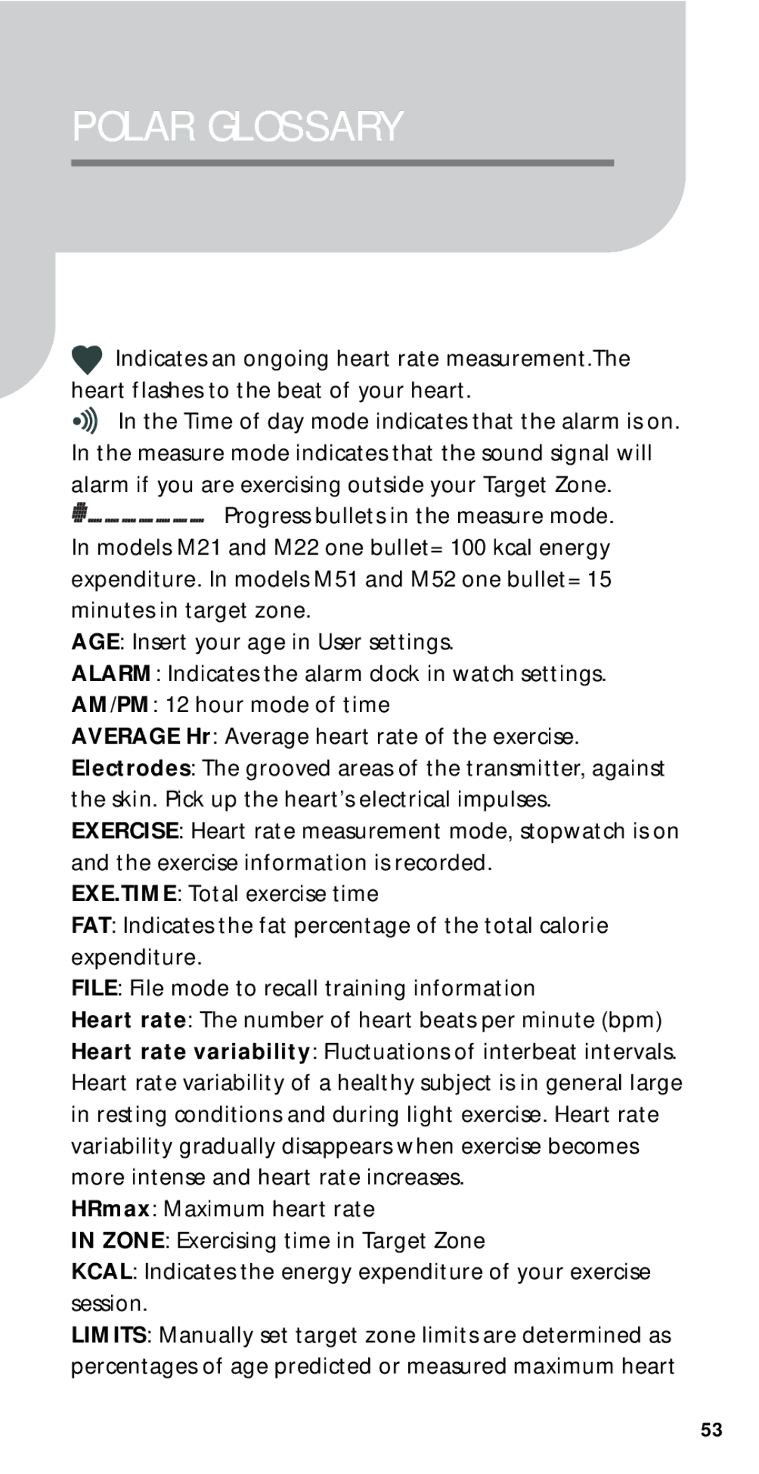 Polar M22, M21, M51, M52 user manual Polar Glossary 