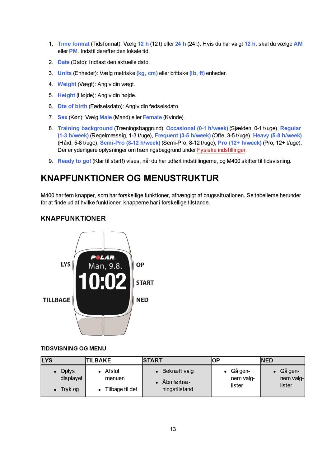 Polar M400 manual Knapfunktioner OG Menustruktur, Tidsvisning OG Menu LYS Tilbake Start NED 