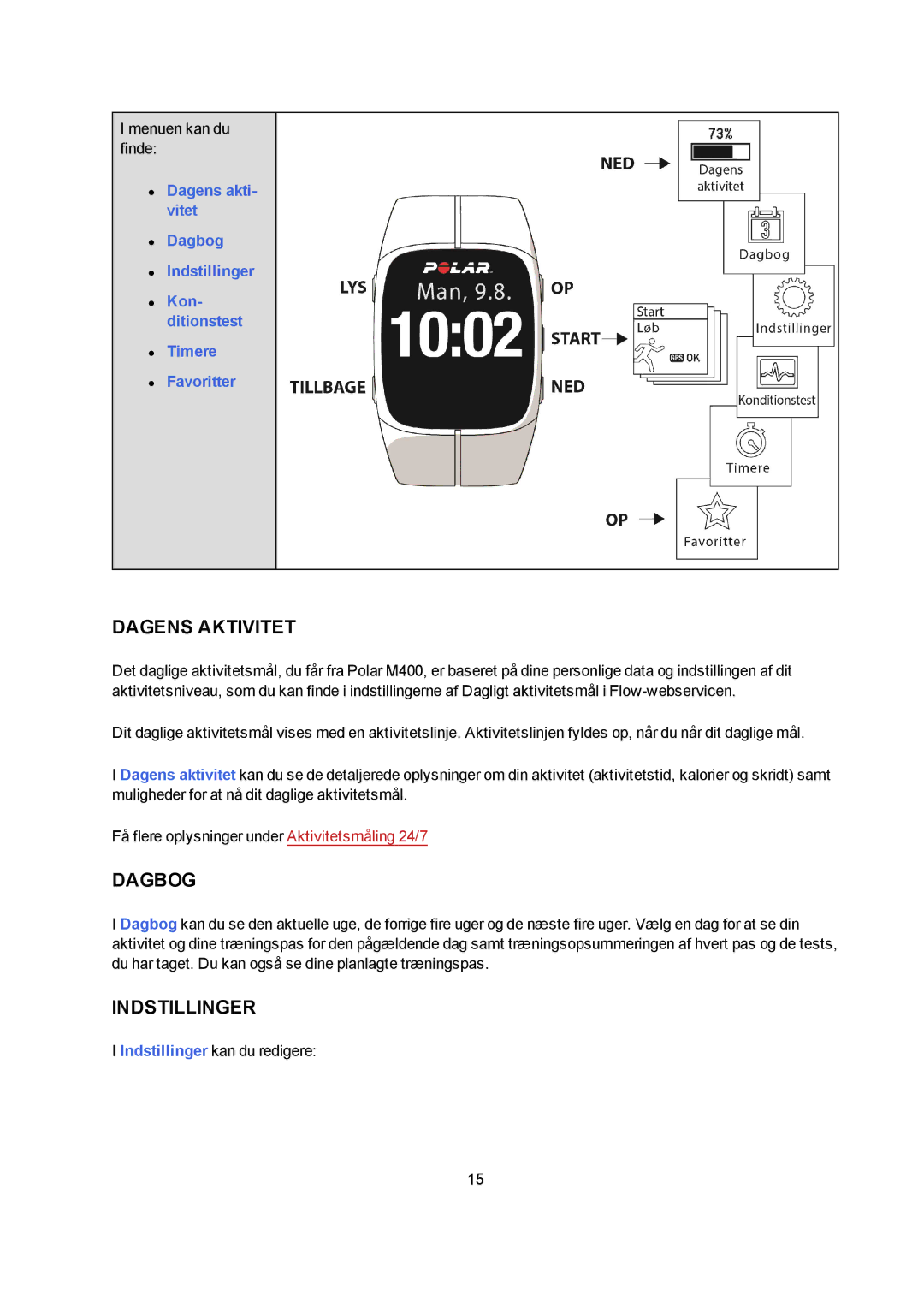 Polar M400 manual Dagens Aktivitet, Dagbog, Indstillinger 