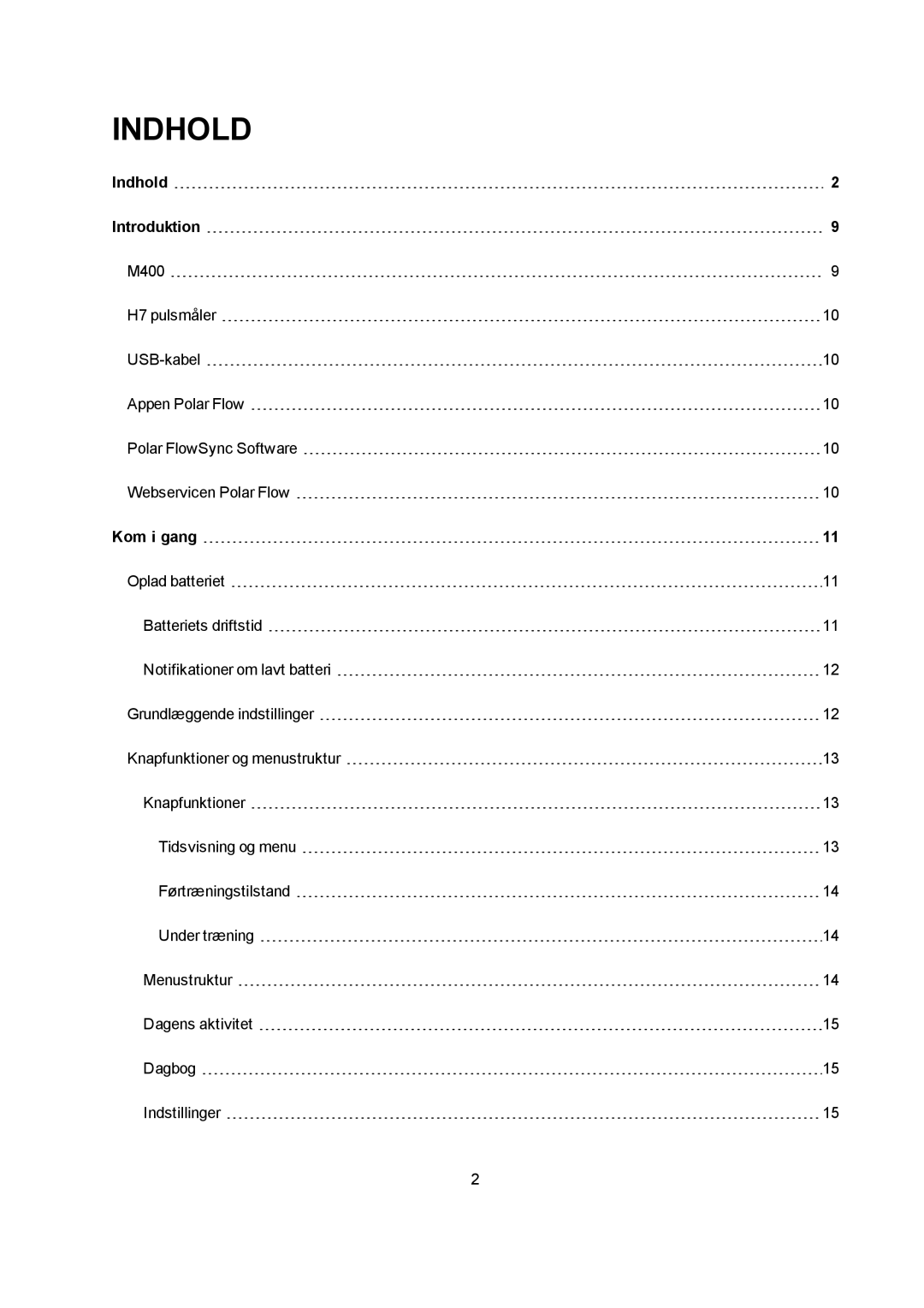 Polar M400 manual Indhold Introduktion, Kom i gang 