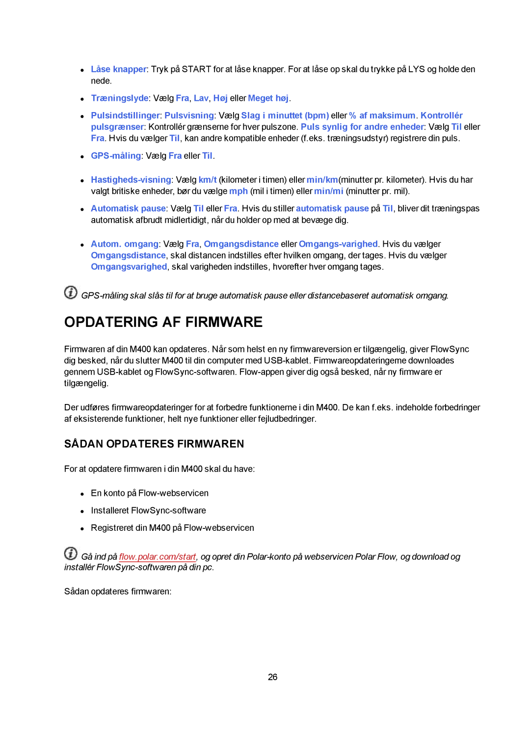Polar M400 manual Opdatering AF Firmware, Sådan Opdateres Firmwaren 
