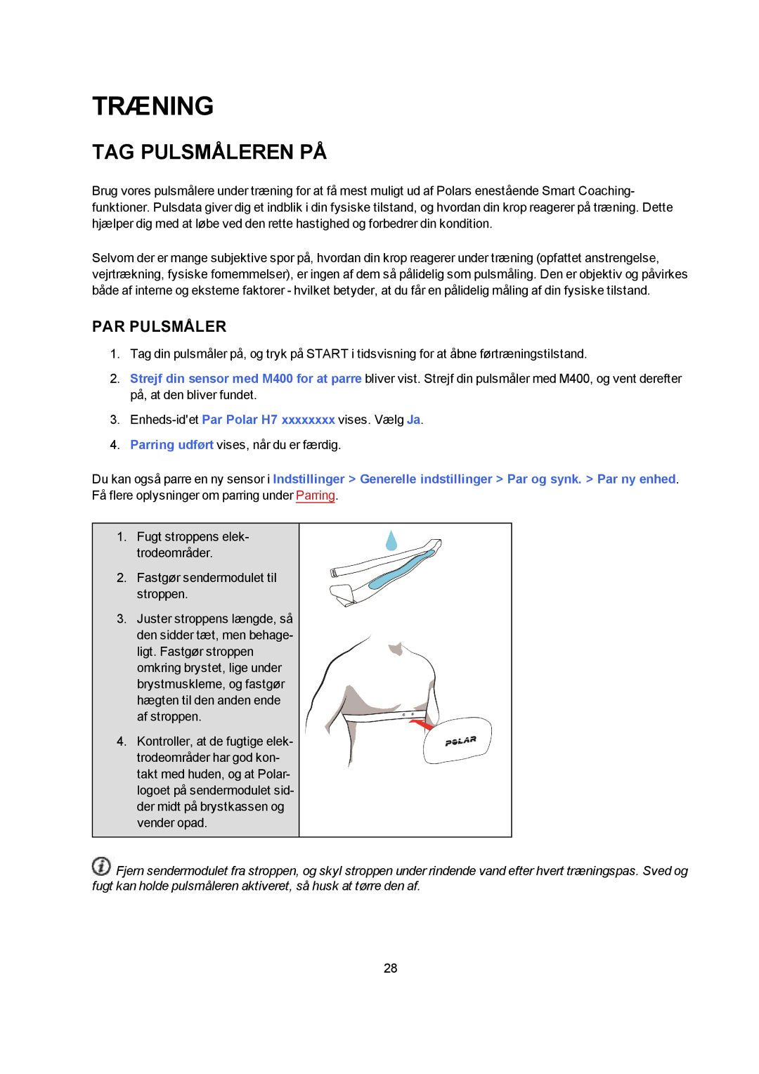 Polar M400 manual Træning, TAG Pulsmåleren PÅ, PAR Pulsmåler 