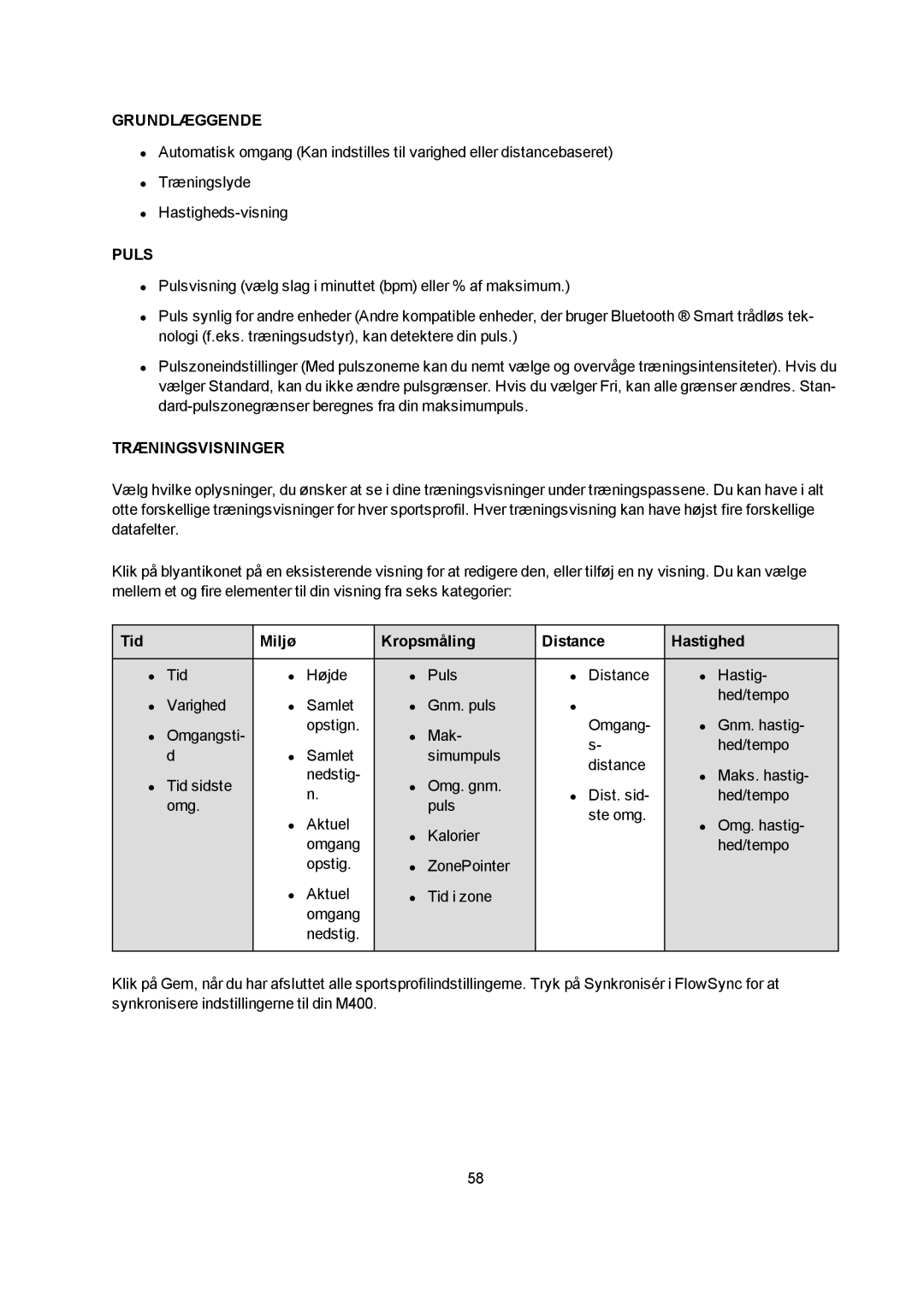 Polar M400 manual Grundlæggende, Puls, Træningsvisninger, Tid Miljø Kropsmåling Distance Hastighed 