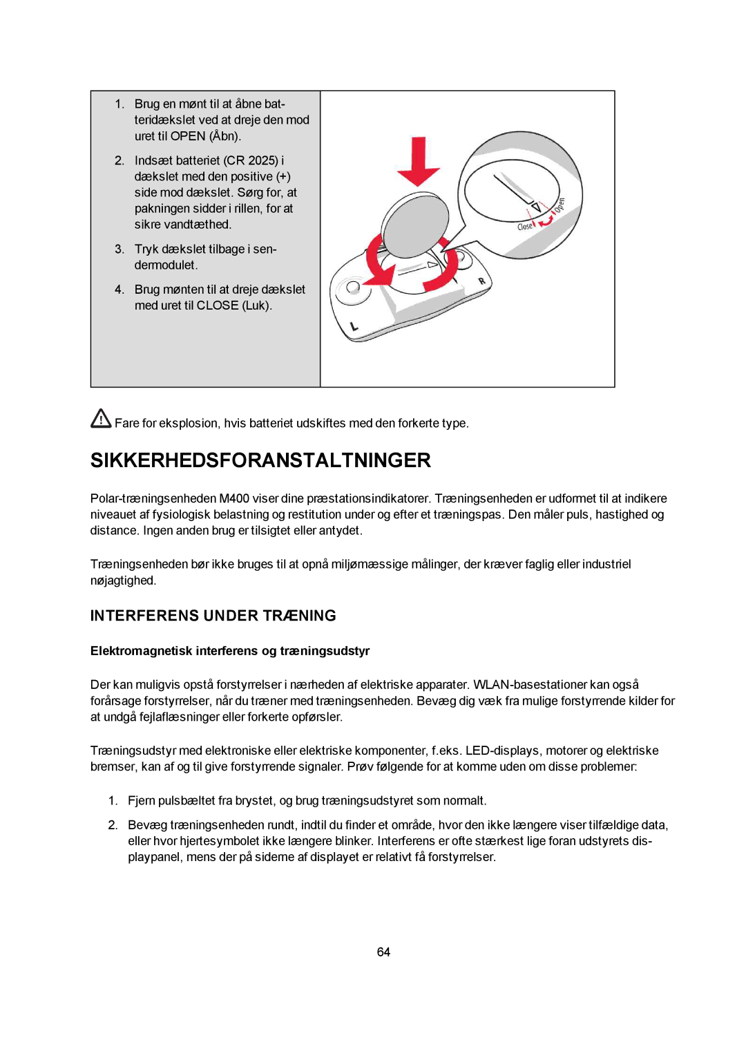 Polar M400 manual Sikkerhedsforanstaltninger, Interferens Under Træning, Elektromagnetisk interferens og træningsudstyr 