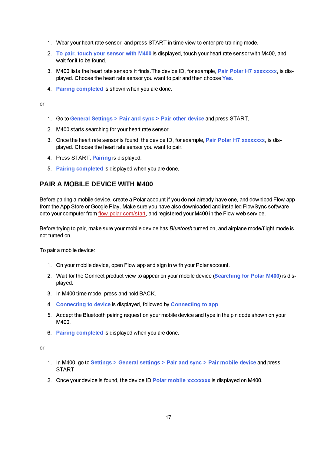 Polar user manual Pair a Mobile Device with M400, Start 