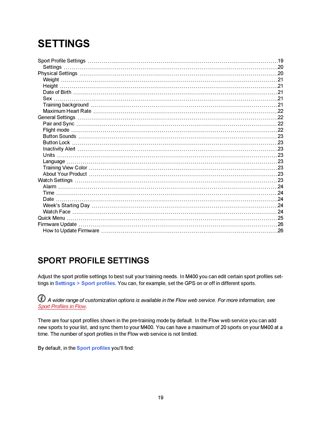 Polar M400 user manual Sport Profile Settings 