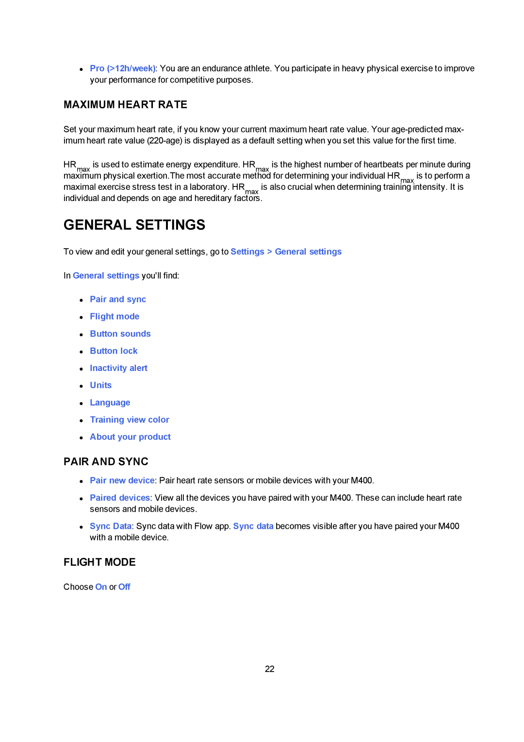 Polar M400 user manual General Settings, Maximum Heart Rate, Pair and Sync, Flight Mode 