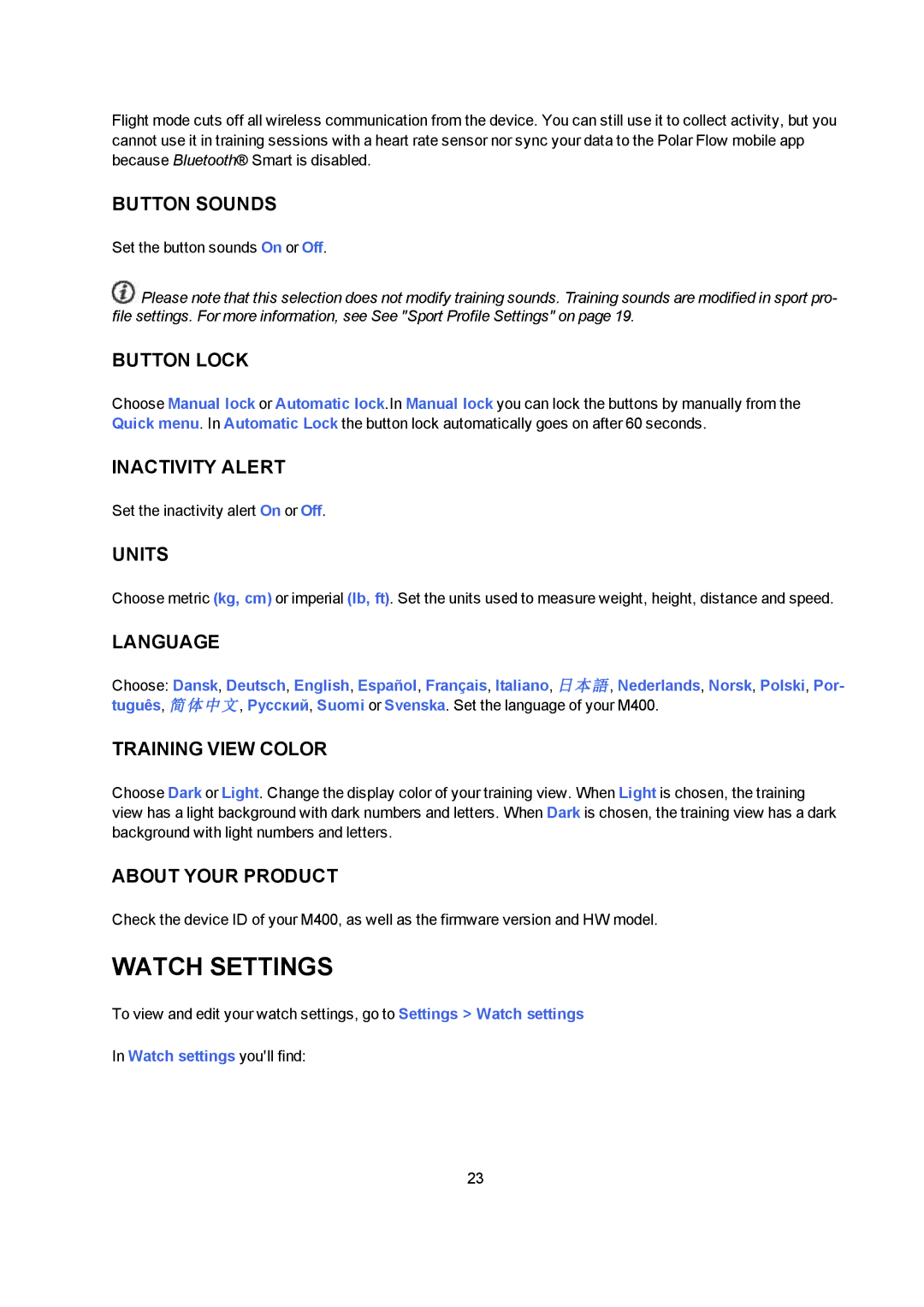 Polar M400 user manual Watch Settings 