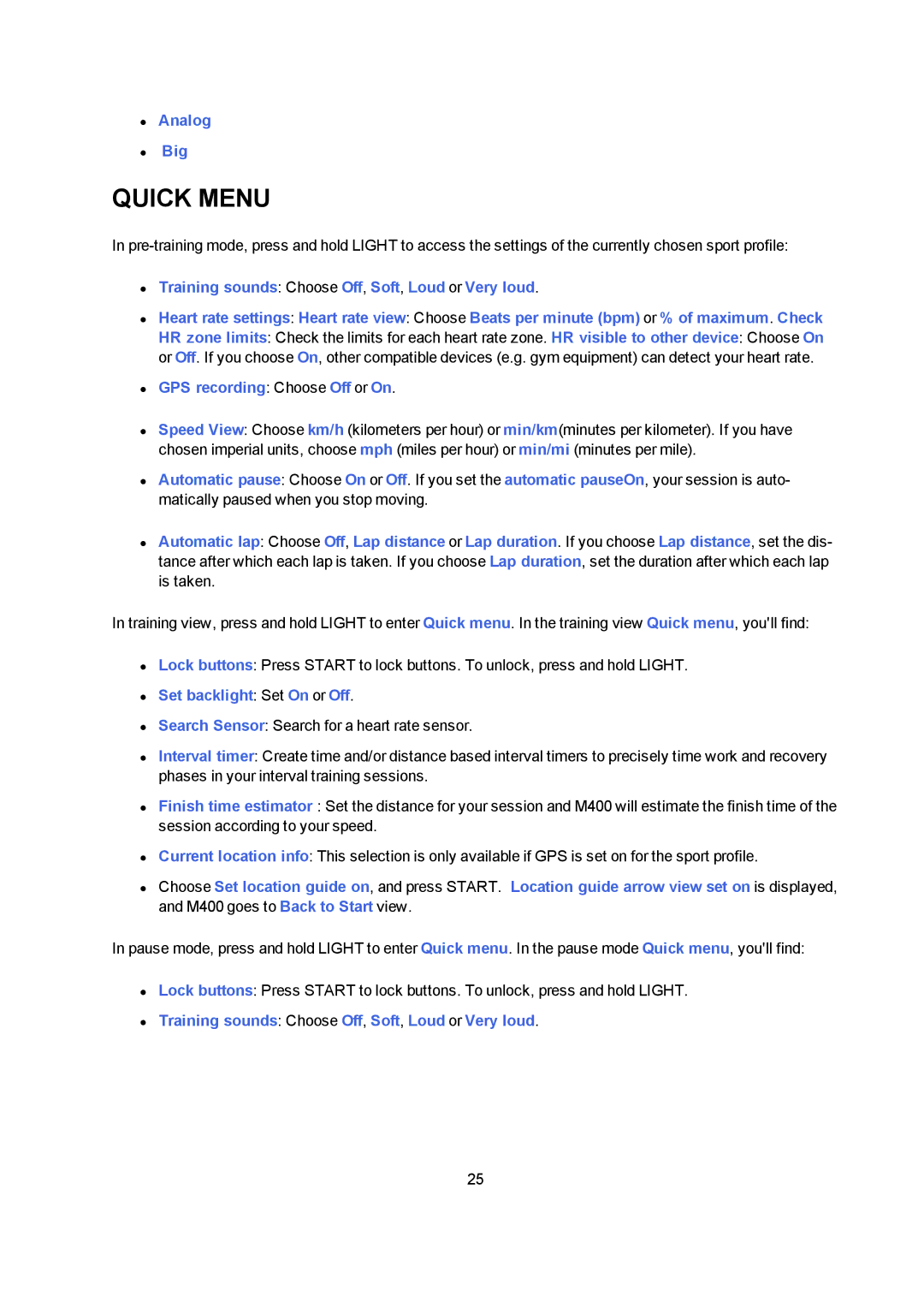 Polar M400 user manual Quick Menu, Set backlight Set On or Off 