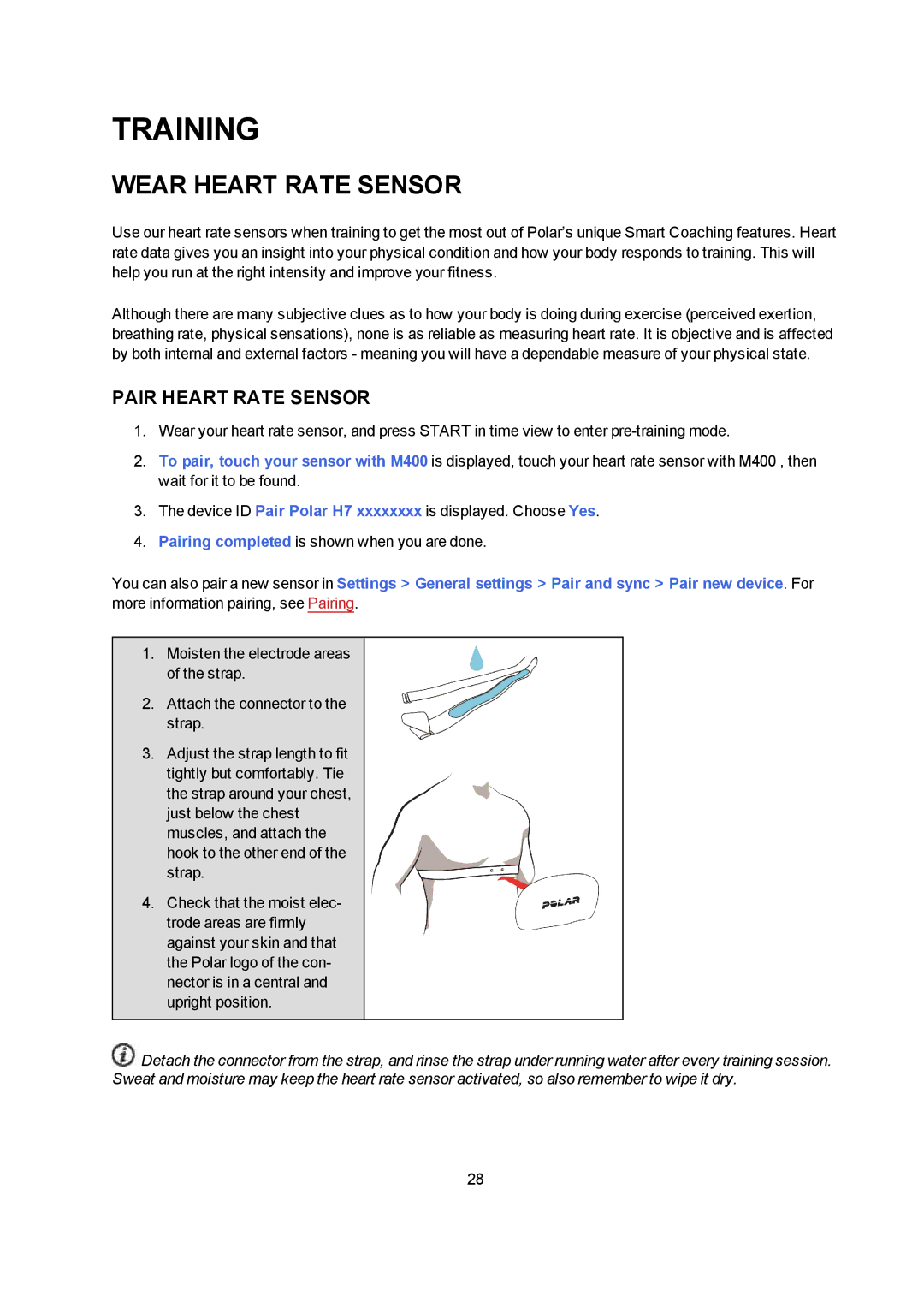 Polar M400 user manual Training, Wear Heart Rate Sensor, Pair Heart Rate Sensor 