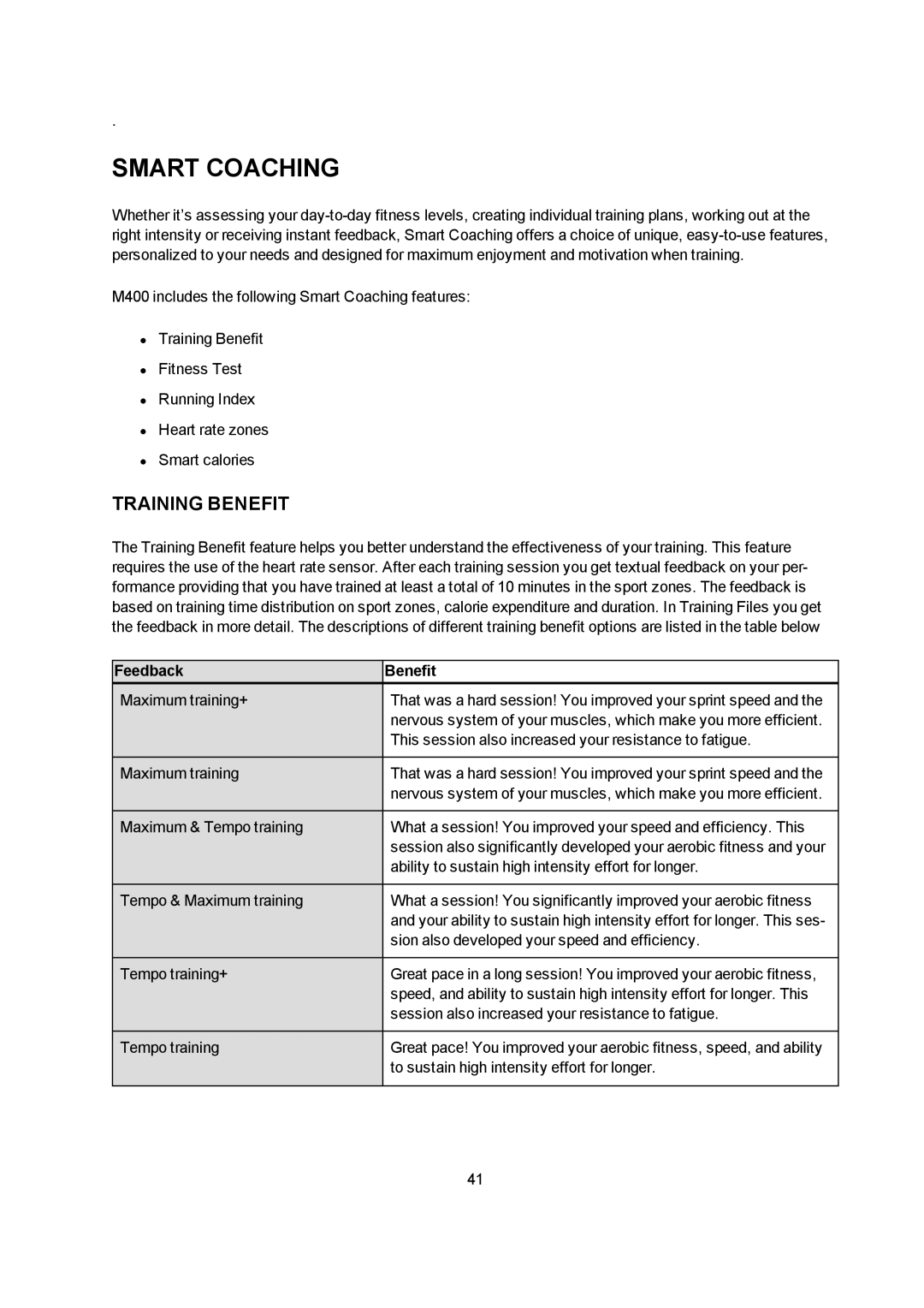 Polar M400 user manual Smart Coaching, Training Benefit, Feedback Benefit 