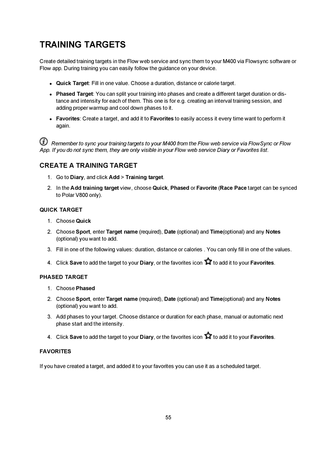 Polar M400 user manual Training Targets, Create a Training Target, Quick Target, Phased Target, Favorites 