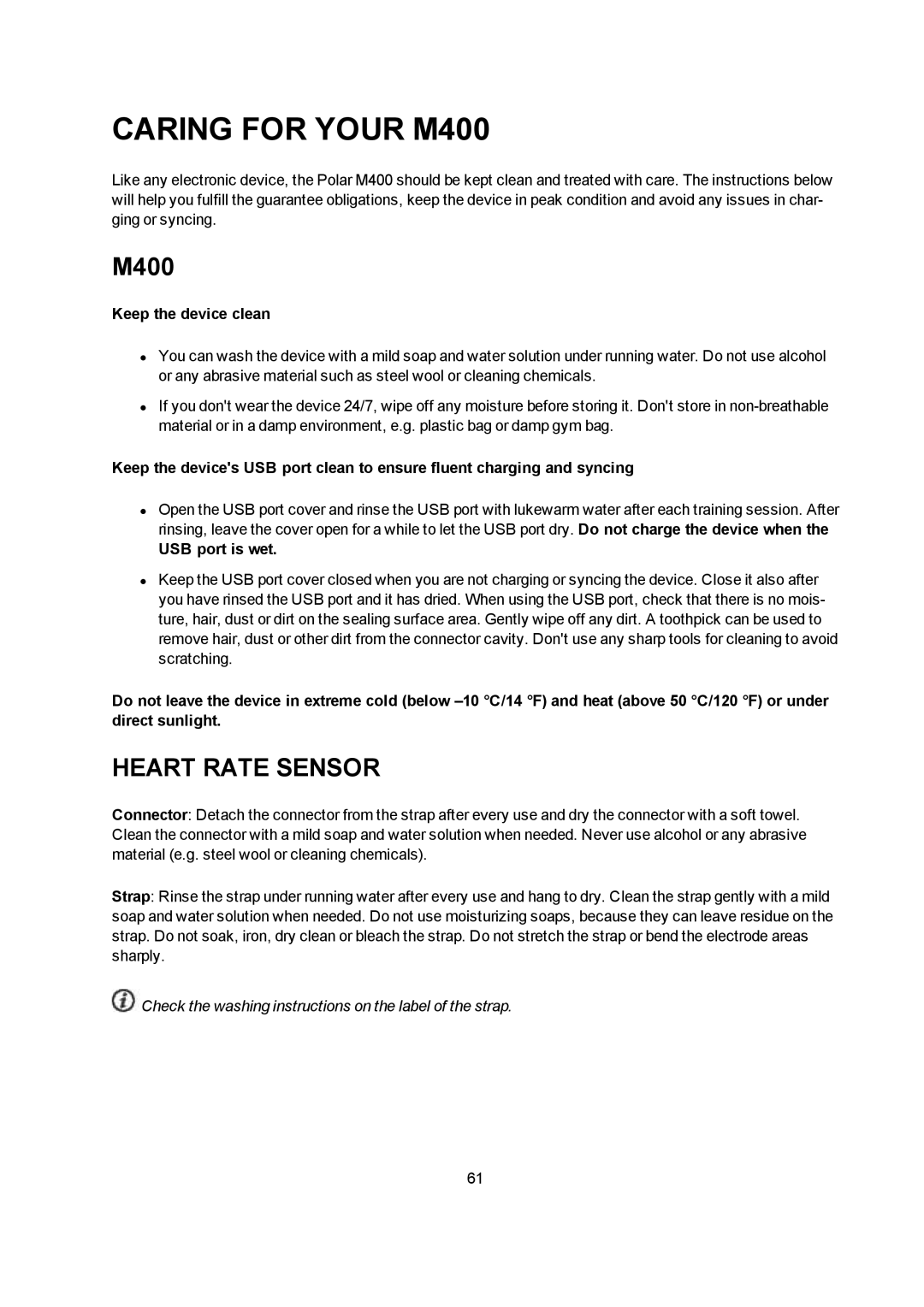 Polar user manual Caring for Your M400, Heart Rate Sensor, Keep the device clean, USB port is wet 