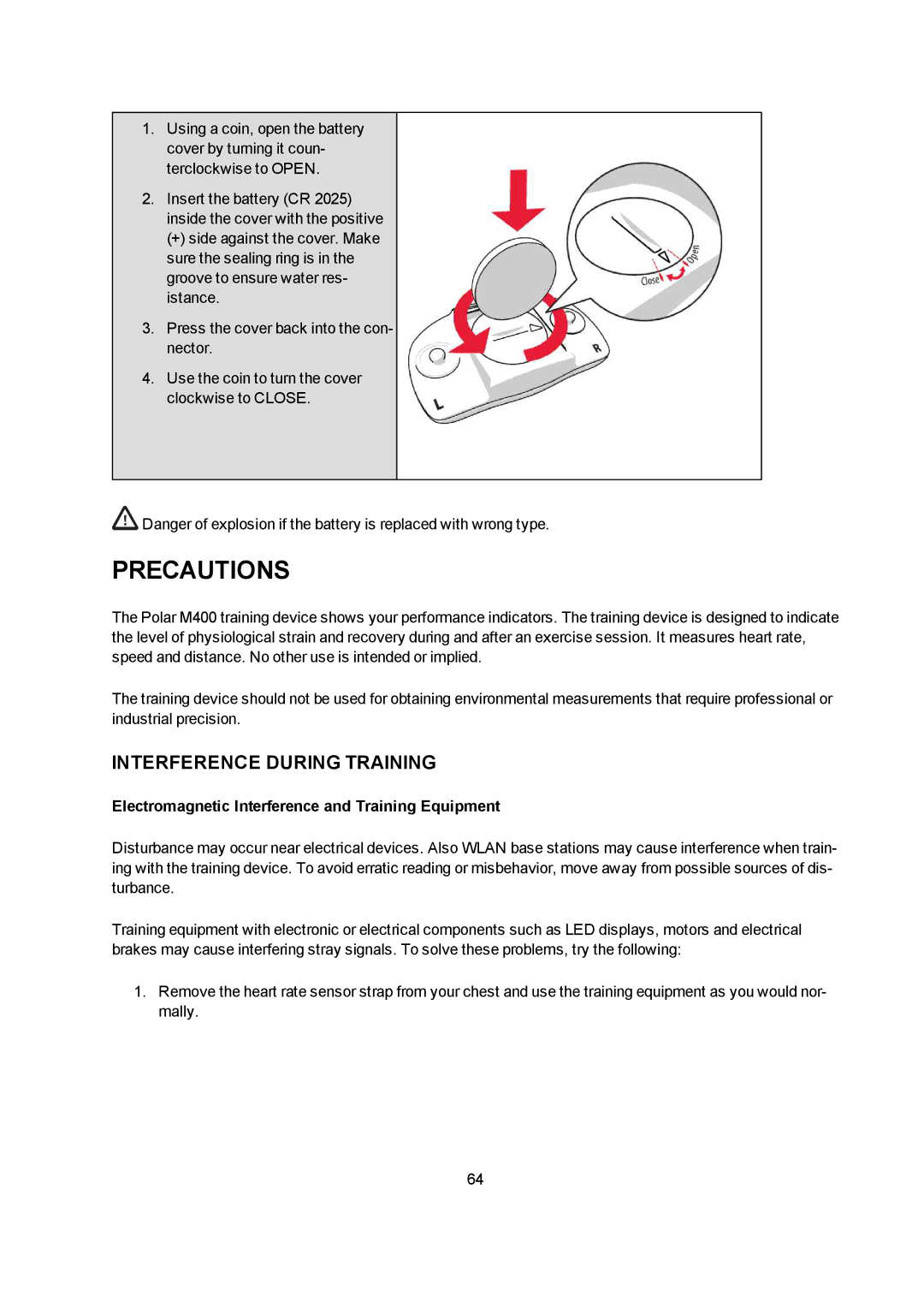 Polar M400 user manual Precautions, Interference During Training, Electromagnetic Interference and Training Equipment 