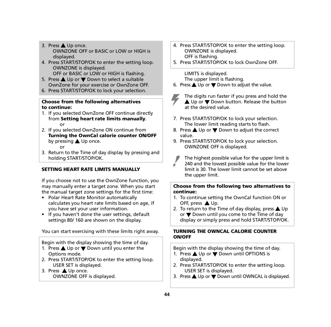 Polar M32, M62, M61, M31 user manual Choose from the following alternatives to continue, Setting Heart Rate Limits Manually 