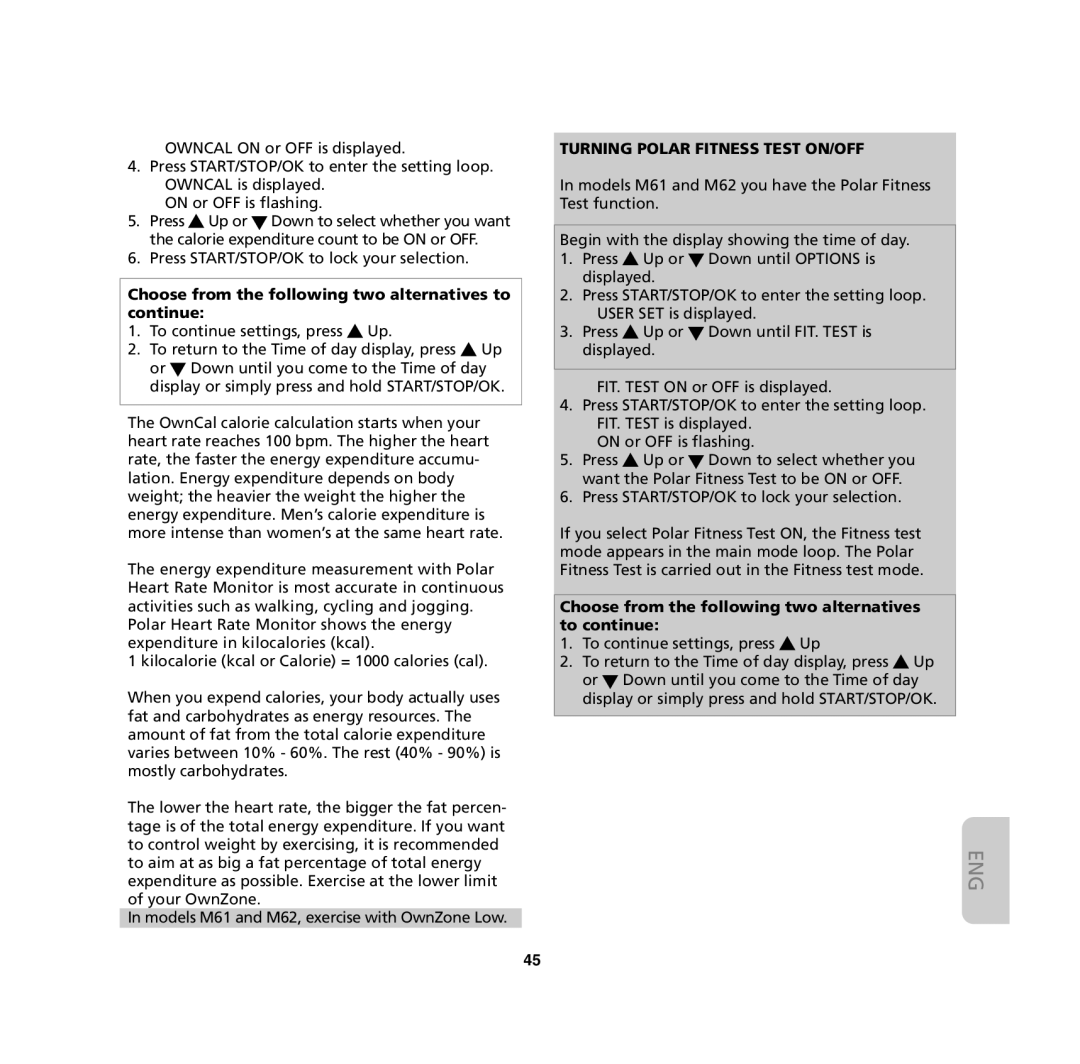 Polar M31, M62, M61, M32 user manual Turning Polar Fitness Test ON/OFF 