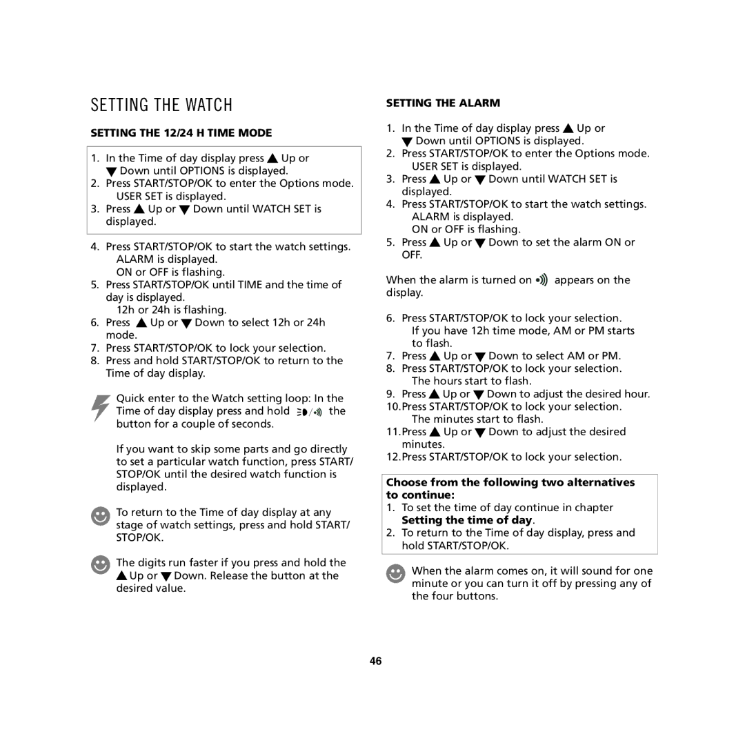 Polar M62, M61, M32, M31 user manual Setting the Watch, Setting the 12/24 H Time Mode, Setting the Alarm 