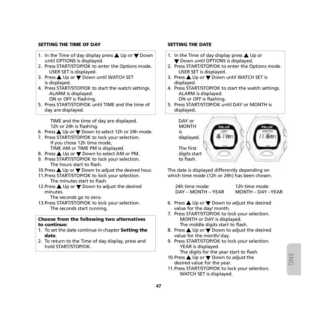 Polar M61, M62, M32, M31 user manual Setting the Time of DAY, Setting the Date 