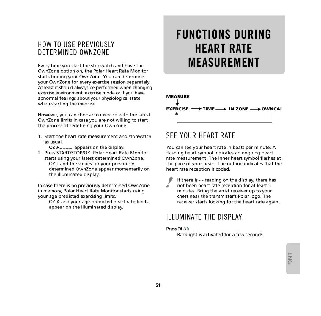 Polar M61, M62, M32 Functions During Heart Rate Measurement, HOW to USE Previously Determined Ownzone, See Your Heart Rate 