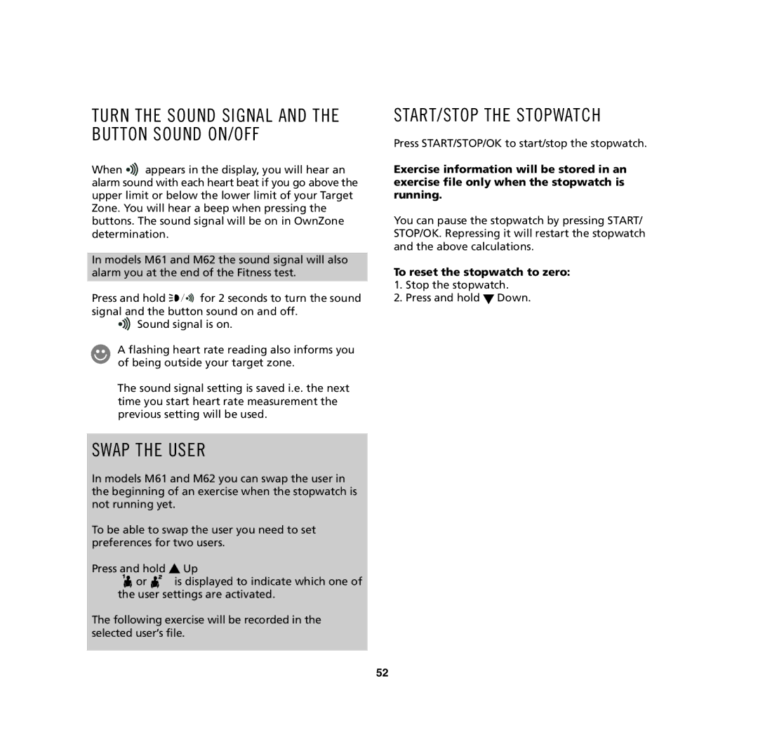 Polar M32, M62, M61, M31 Swap the User, START/STOP the Stopwatch, Turn the Sound Signal and the Button Sound ON/OFF 