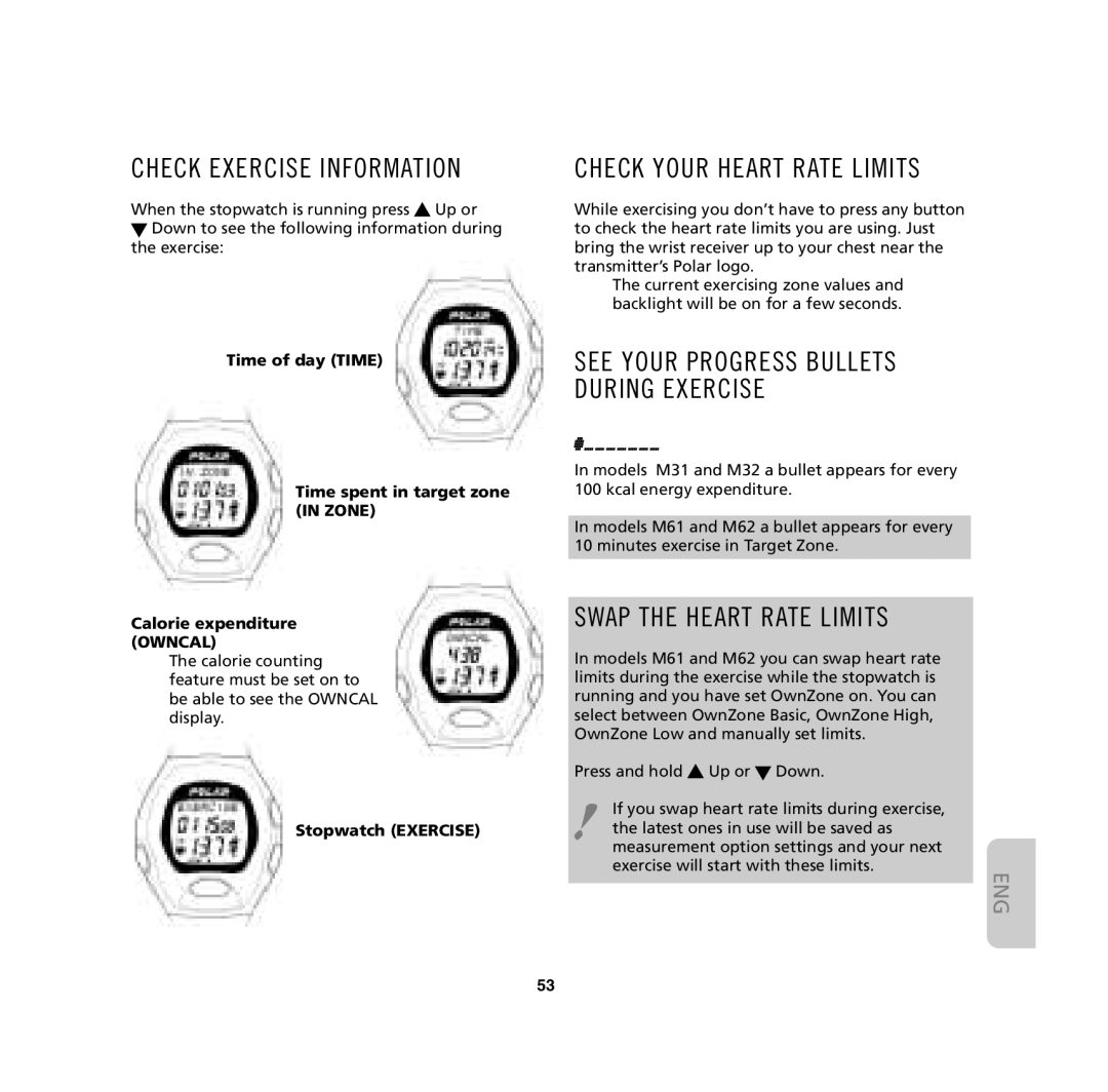 Polar M31, M62, M61 Check Exercise Information, Check Your Heart Rate Limits, Swap the Heart Rate Limits, Time of day Time 