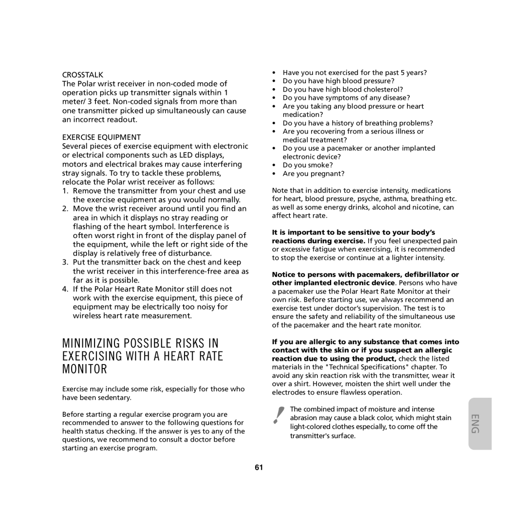 Polar M31, M62, M61, M32 user manual Crosstalk 