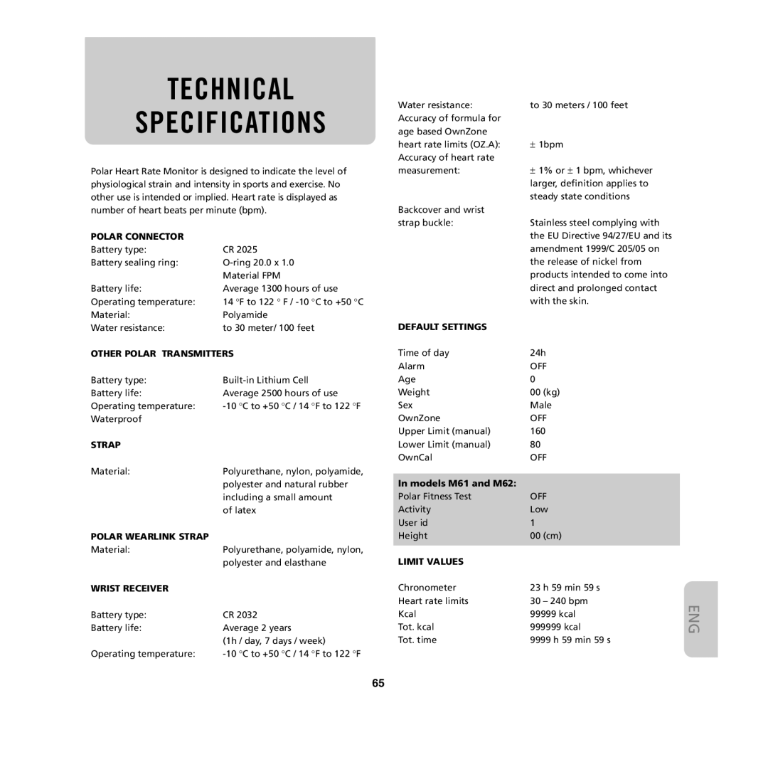 Polar M31, M62, M61, M32 user manual Technical Specifications, Polar Connector 