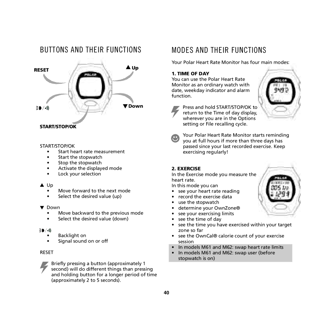 Polar M32, M62, M61, M31 user manual Buttons and Their Functions, Modes and Their Functions 