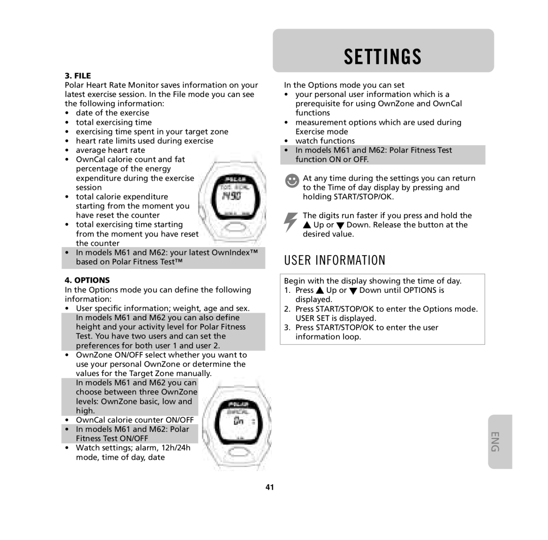 Polar M31, M62, M61, M32 user manual Settings, User Information, File, Options 