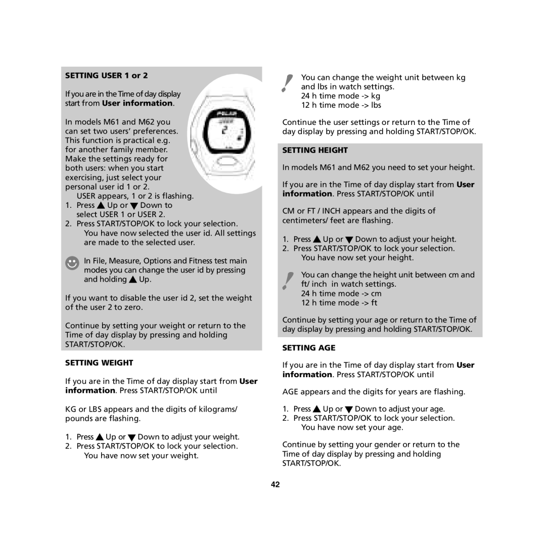 Polar M62, M61, M32, M31 user manual Setting User 1 or, Setting Weight, Setting Height, Setting AGE 